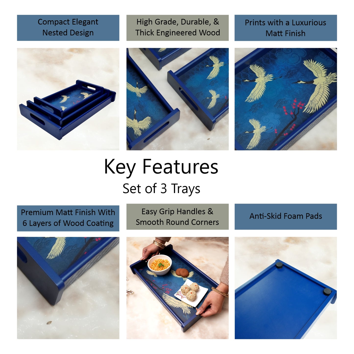 Home Sparkle Wooden Serving Tray Set of 3 – Sizes 16x10, 14x8 & 12x6 inch | Water-Resistant | MDF Print | Engineered Wood | Rectangular, Strong & Durable | Tray Set