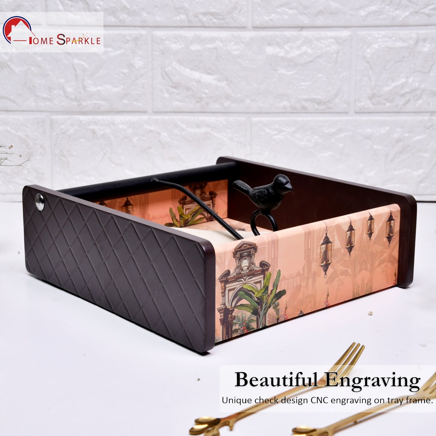 Wooden Tissue Box Holder for Dining Table & Living Room | Elegant Printed Napkin Organizer with Metal Handle