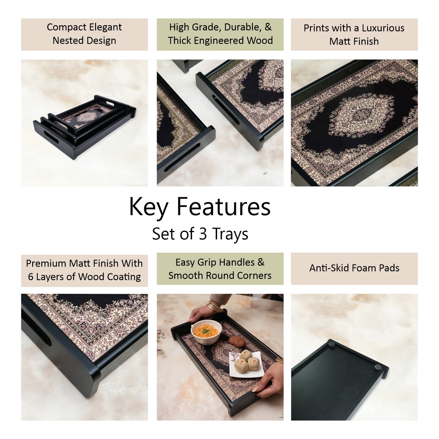 Set of 3 Printed Wooden Serving Trays for Kitchen, Tea, Coffee & Snacks | Decorative MDF Tray Set for Home & Gifting