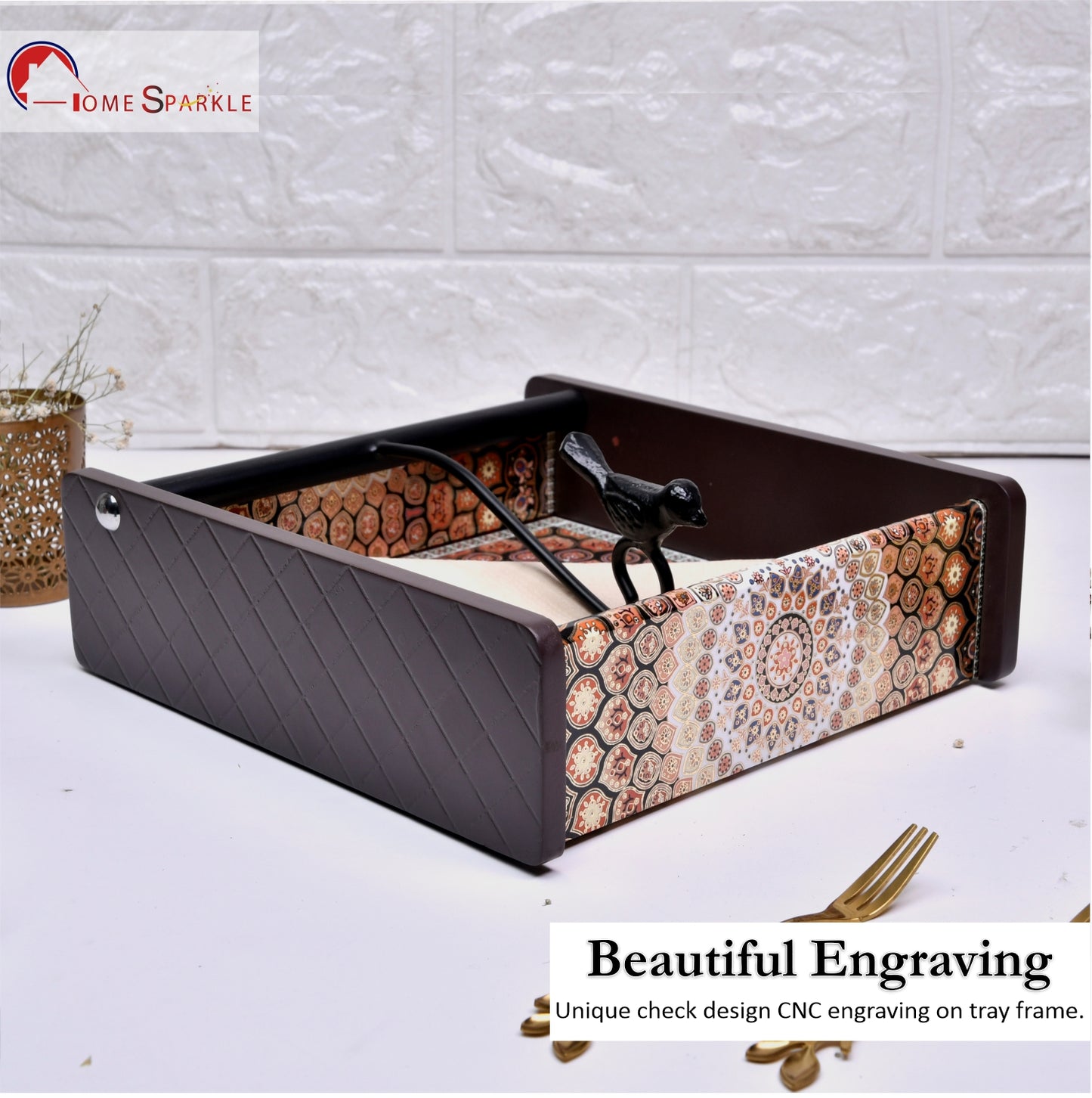 Wooden Tissue Box Holder for Dining Table & Living Room | Elegant Printed Napkin Organizer with Metal Handle