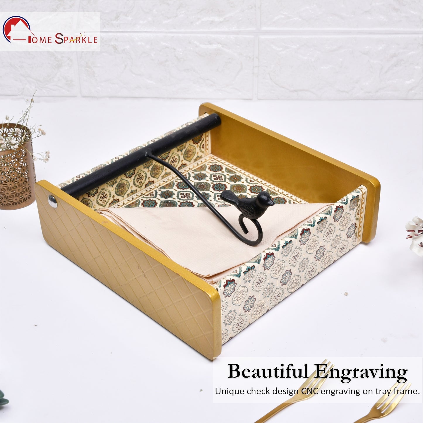 Wooden Tissue Box Holder for Dining Table & Living Room | Elegant Printed Napkin Organizer with Metal Handle