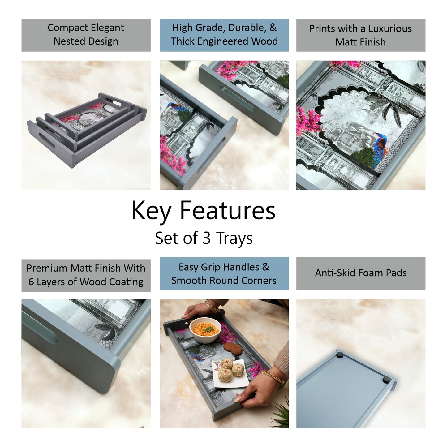 HomeSparkle Wooden Serving Tray Set of 3 – Sizes 16x10, 14x8 & 12x6 inch | Water-Resistant | MDF Print | Engineered Wood | Rectangular, Strong & Durable | Tray Set