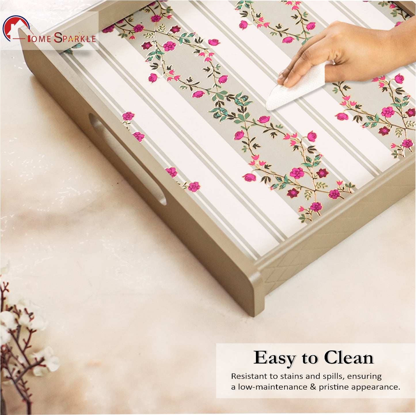 Square Wooden Serving Tray | Elegant Printed Tray for Home & Café Décor