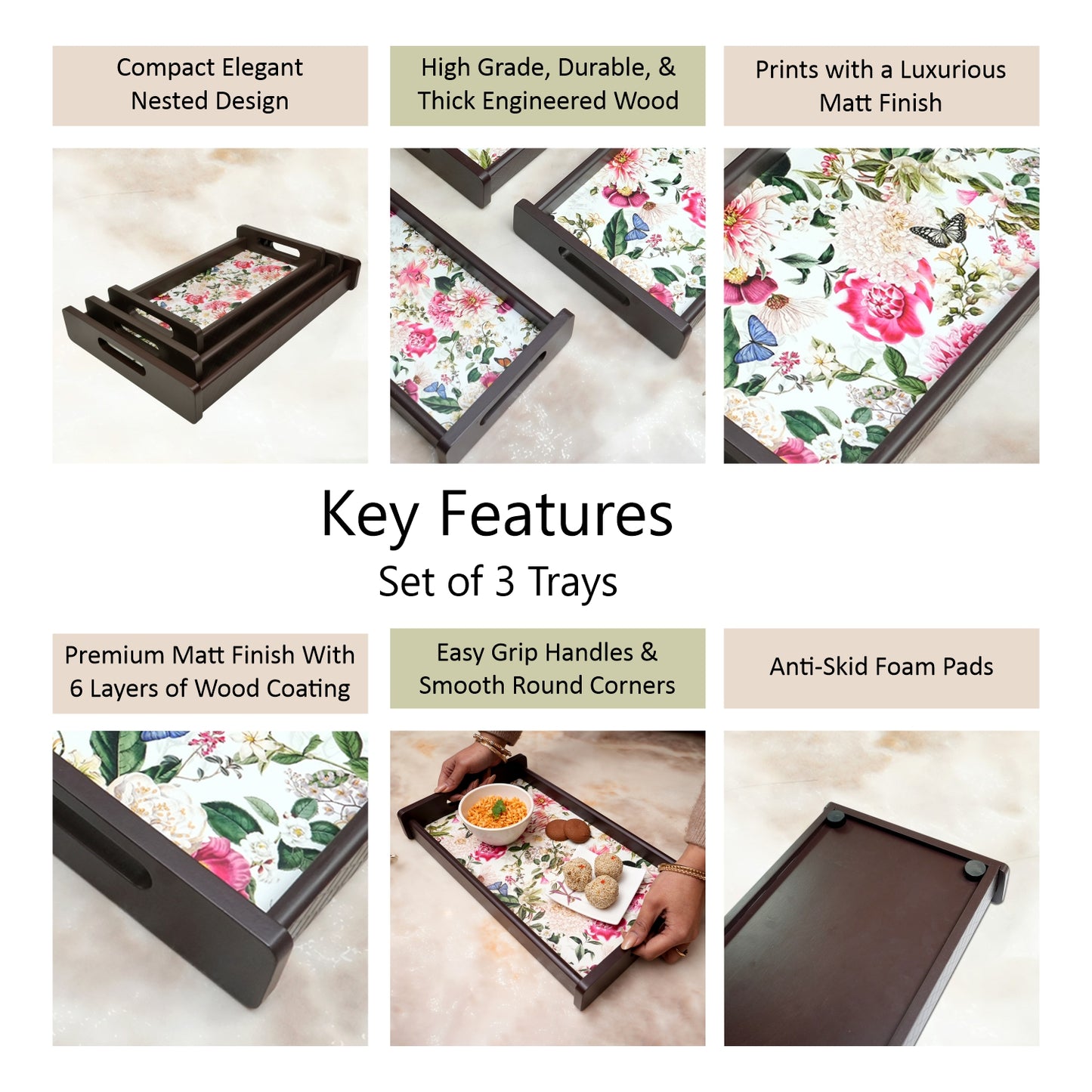 HomeSparkle Wooden Serving Tray Set of 3 – Sizes 16x10, 14x8 & 12x6 inch | Water-Resistant | MDF Print | Engineered Wood | Rectangular, Strong & Durable | Tray Set