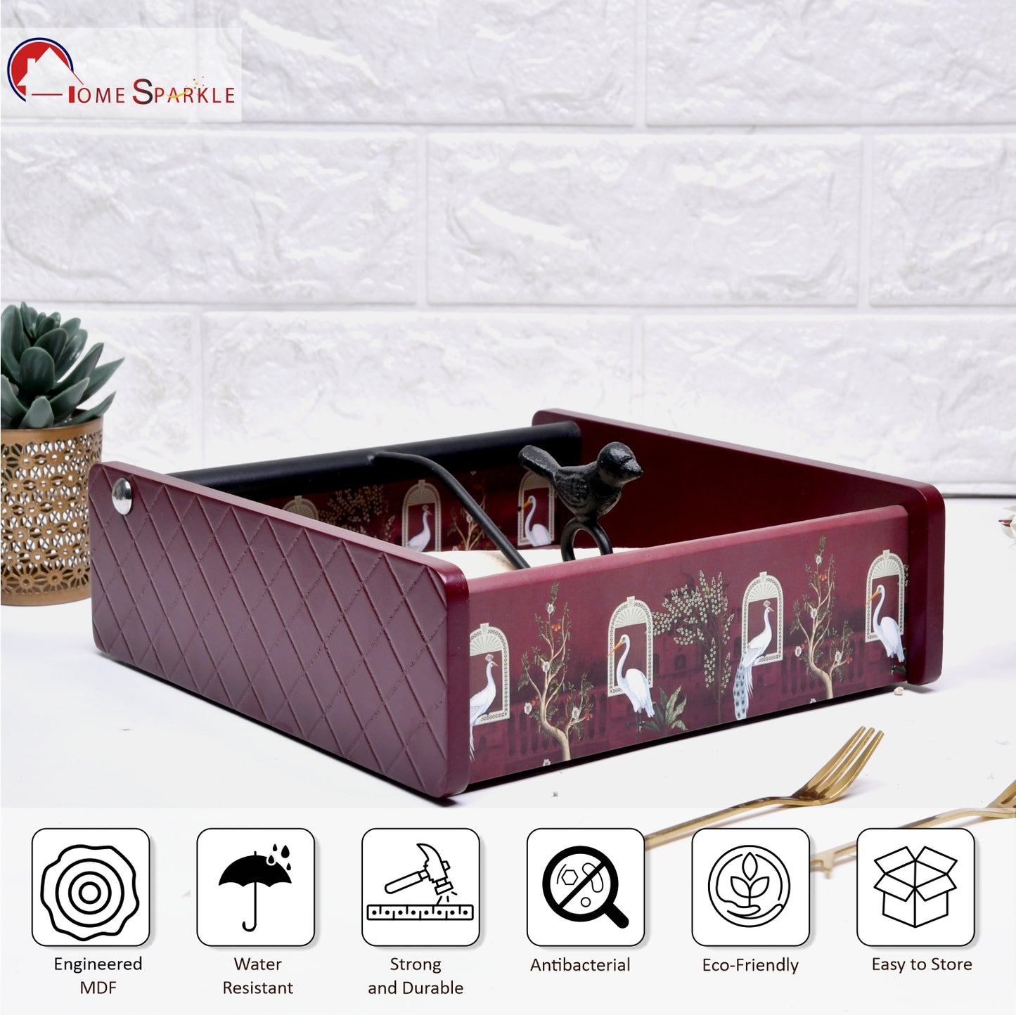 Decorative Wooden Tissue Box Holder for Dining Table & Living Room | Elegant Napkin Organizer with Printed Design