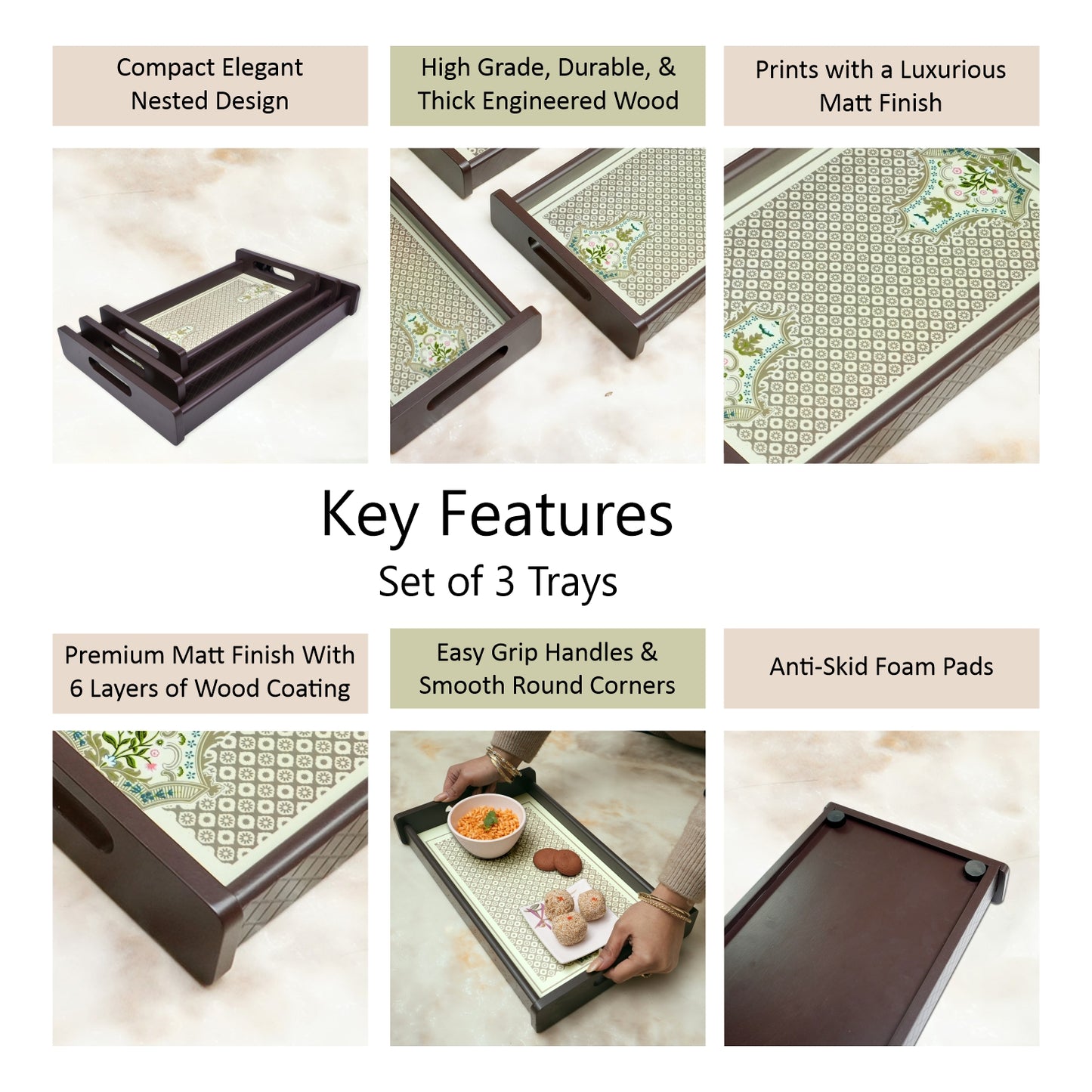 HomeSparkle Wooden Serving Tray Set of 3 – Sizes 16x10, 14x8 & 12x6 inch | Water-Resistant | MDF Print | Engineered Wood | Rectangular, Strong & Durable | Tray Set