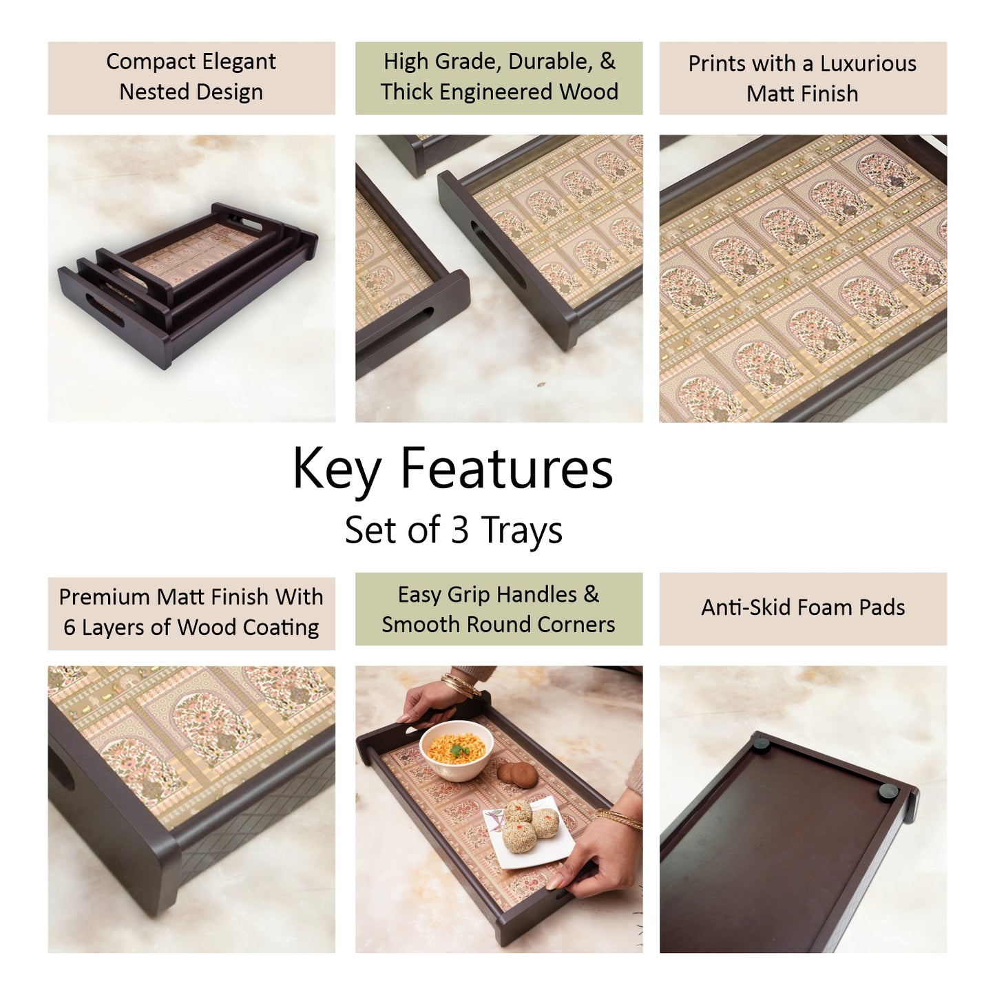 Stylish set of 3 printed wooden serving trays — perfect for tea, coffee, snacks, and home décor. Durable, elegant, and ideal for everyday use or gifting.