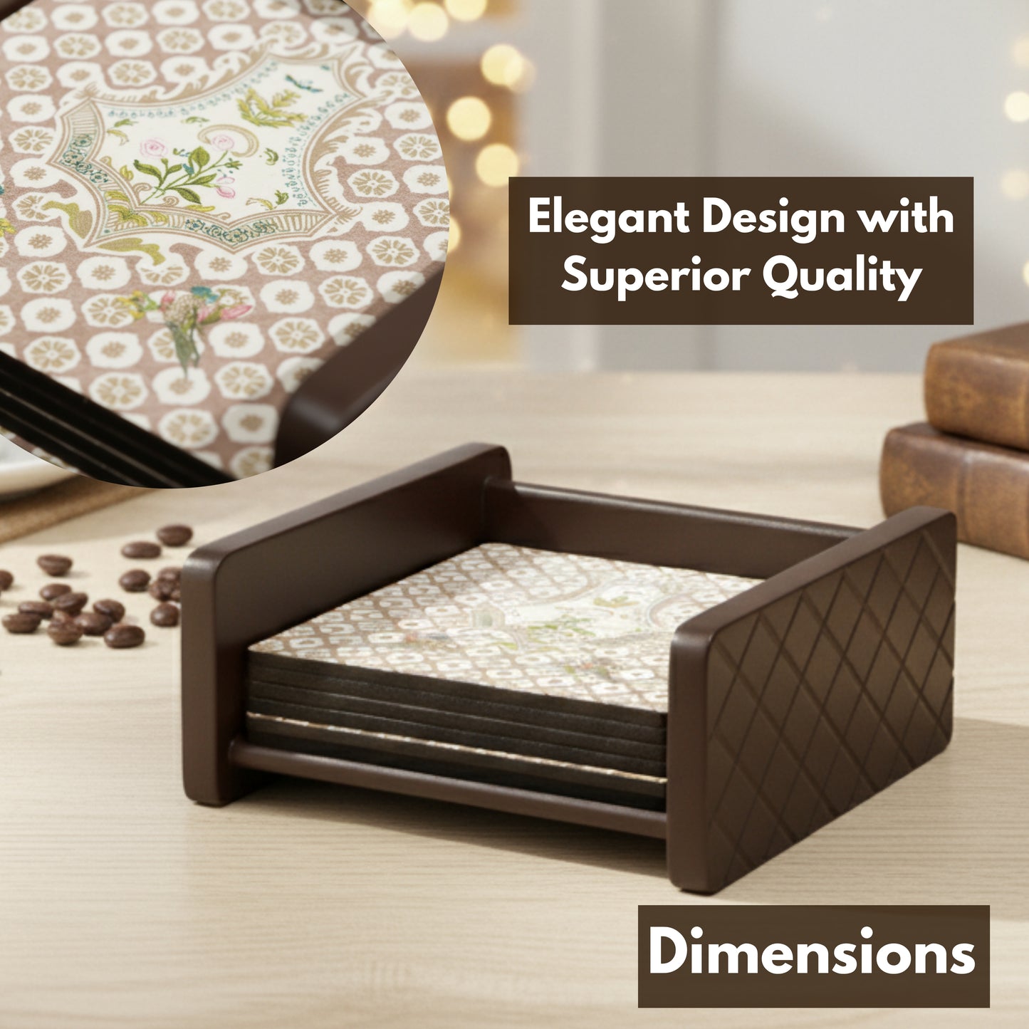 Set of 6 elegant tea coasters with holder — perfect for cups, mugs, and dining tables. Durable, stylish, and ideal for home décor or gifting.