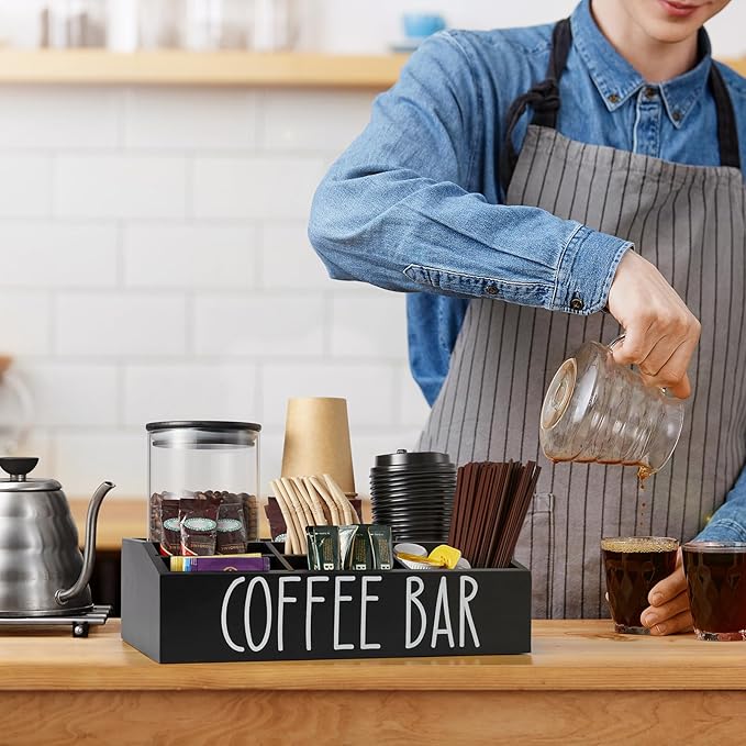 Home Sparkle Coffee Station Organizer for Counter – Rustic Wood Coffee Pod Holder with 7 Compartments, Tea & Condiment Storage, Farmhouse Coffee Bar Accessories for Kitchen or Office (G32N)