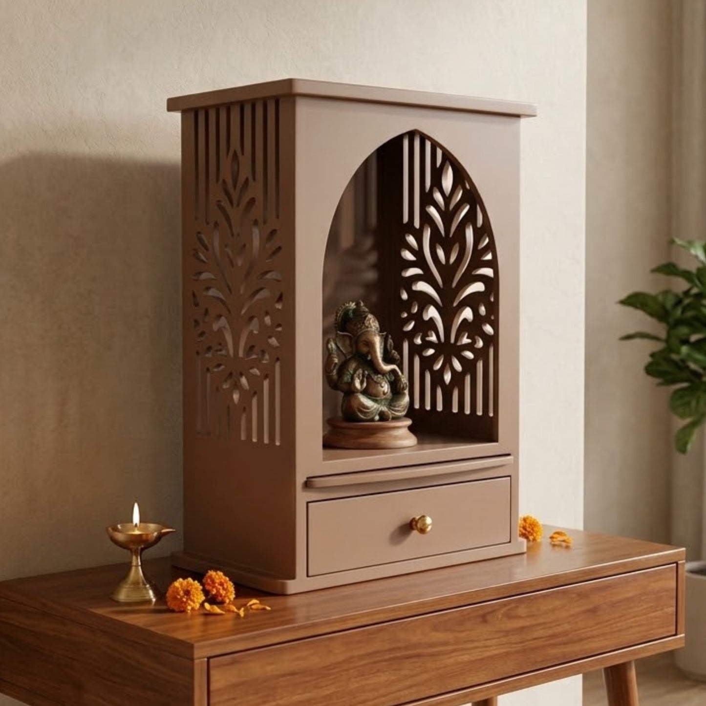 Home Sparkle Premium Wooden Tabletop Mandir for Home | Modern Pooja Temple with Storage Drawer | Decorative Prayer Unit | Pale Brown Finish