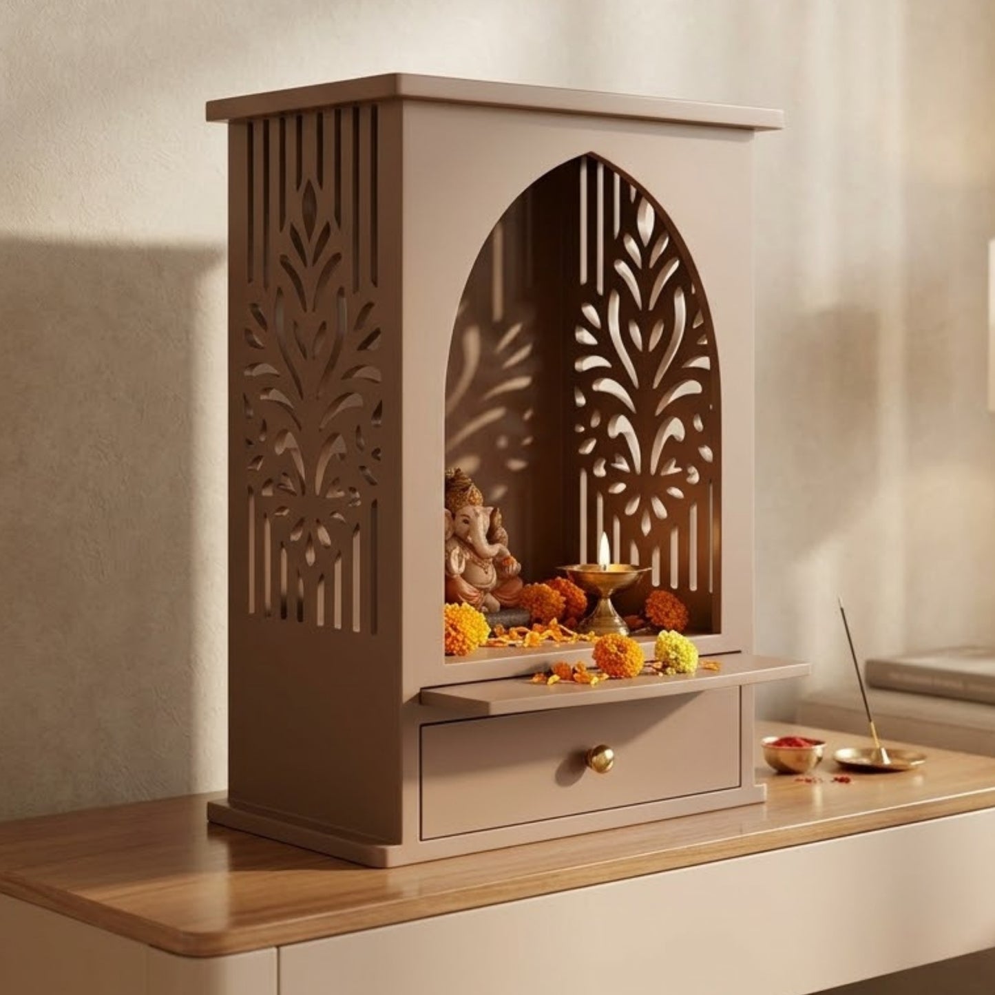 Home Sparkle Premium Wooden Tabletop Mandir for Home | Modern Pooja Temple with Storage Drawer | Decorative Prayer Unit | Pale Brown Finish
