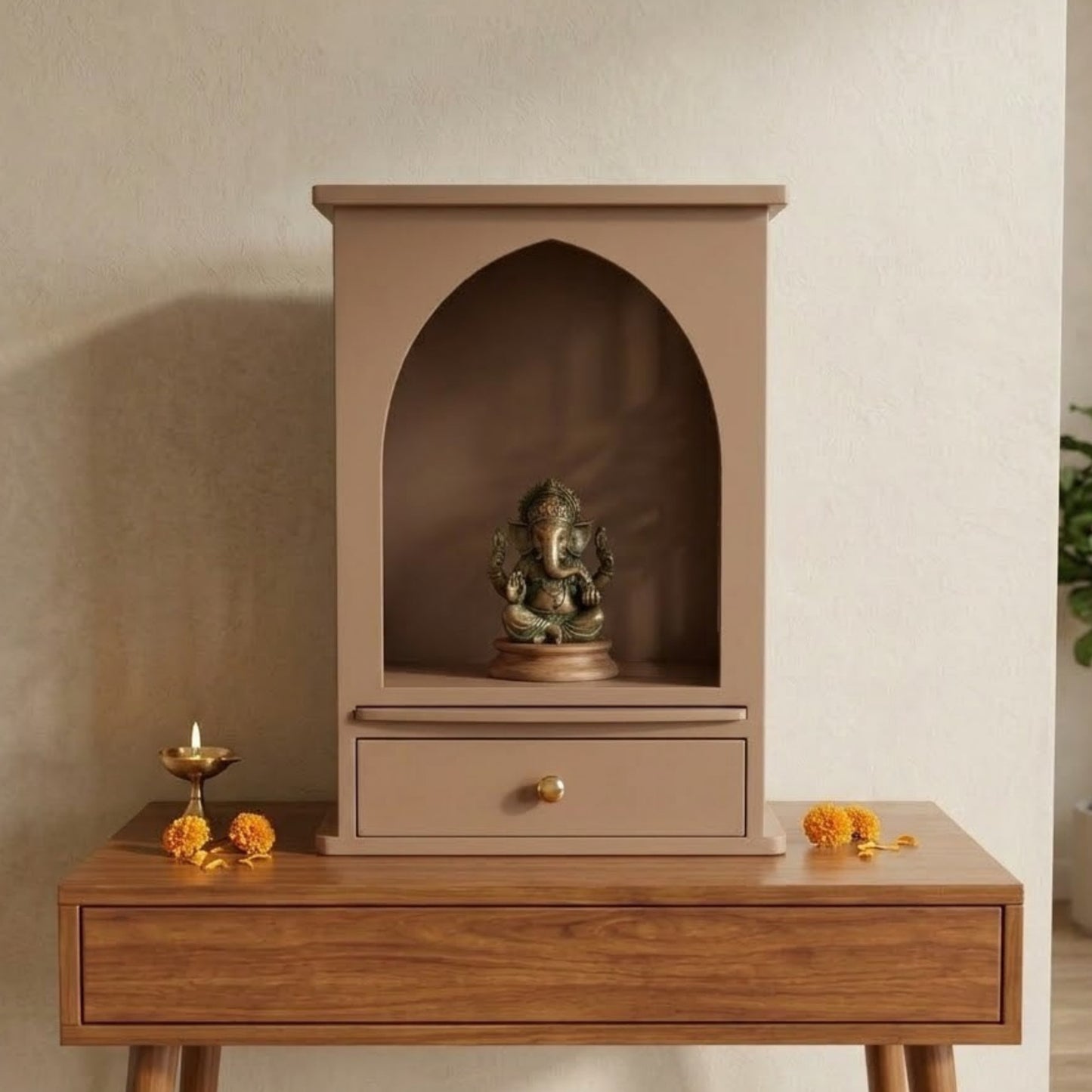 Home Sparkle Premium Wooden Tabletop Mandir for Home | Modern Pooja Temple with Storage Drawer | Decorative Prayer Unit | Pale Brown Finish