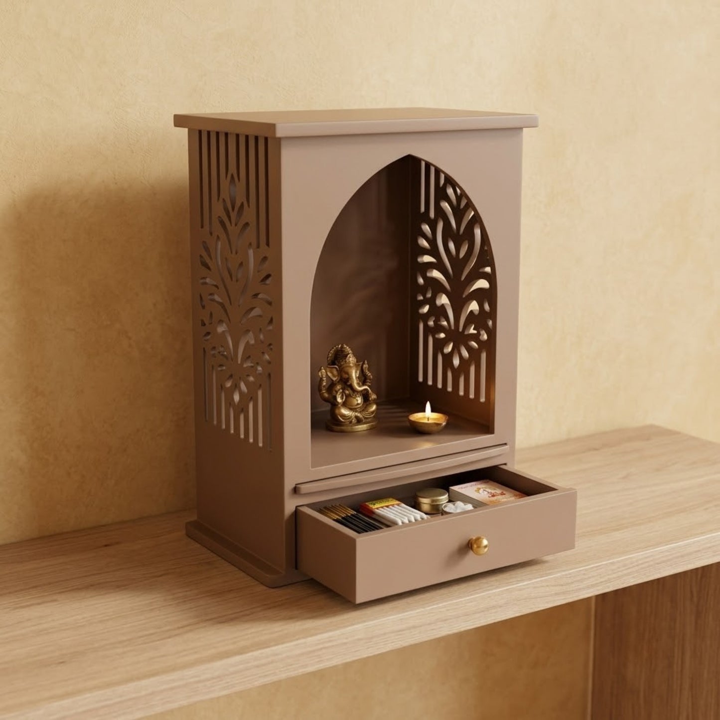 Home Sparkle Premium Wooden Tabletop Mandir for Home | Modern Pooja Temple with Storage Drawer | Decorative Prayer Unit | Pale Brown Finish