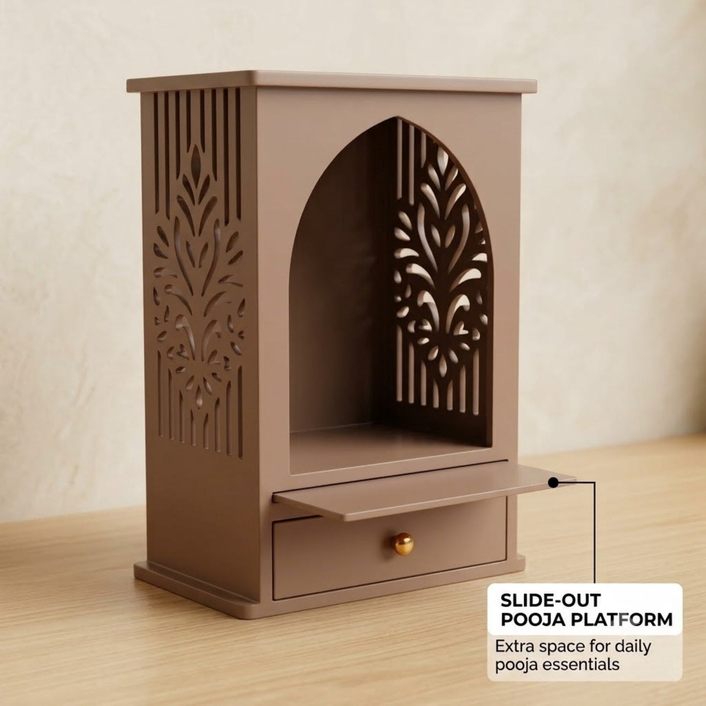 Home Sparkle Premium Wooden Tabletop Mandir for Home | Modern Pooja Temple with Storage Drawer | Decorative Prayer Unit | Pale Brown Finish