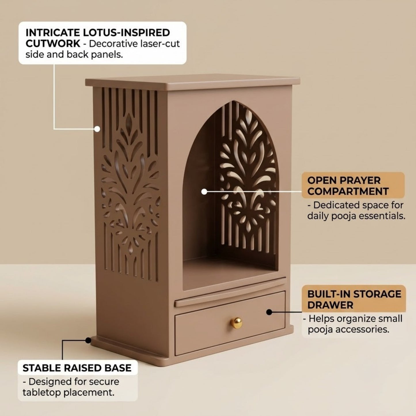 Home Sparkle Premium Wooden Tabletop Mandir for Home | Modern Pooja Temple with Storage Drawer | Decorative Prayer Unit | Pale Brown Finish