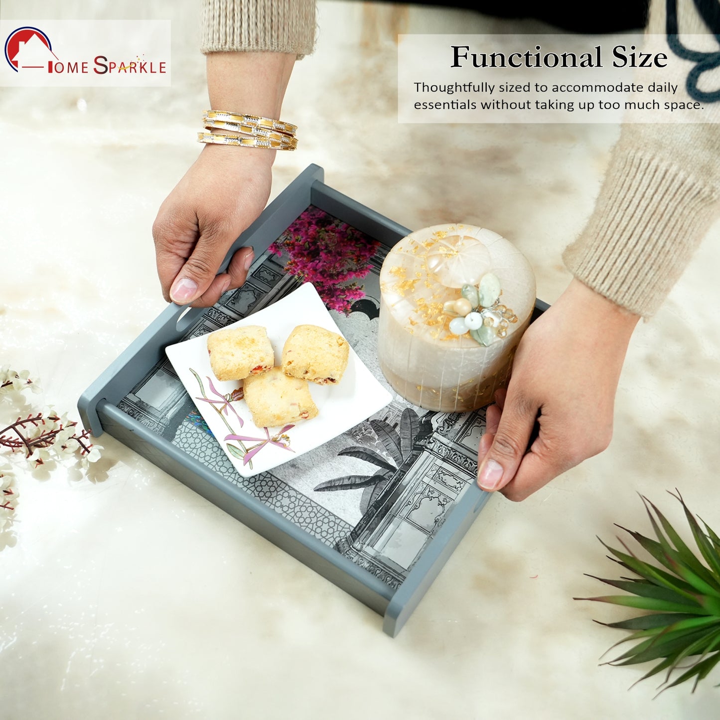 Square Wooden Serving Tray | Elegant Printed Tray for Home & Café Décor