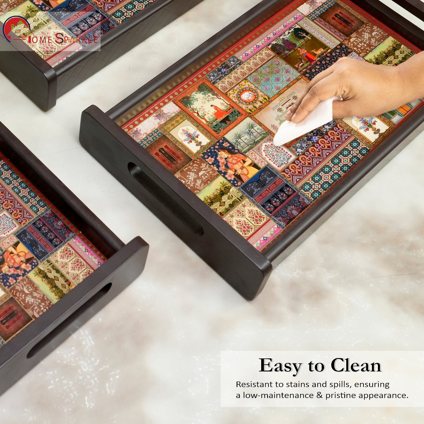 Home Sparkle Wooden Serving Tray Set of 3 | Decorative Printed MDF Breakfast & Coffee Trays with Handles | Multipurpose Serving & Organizer Trays | Water Resistant Finish