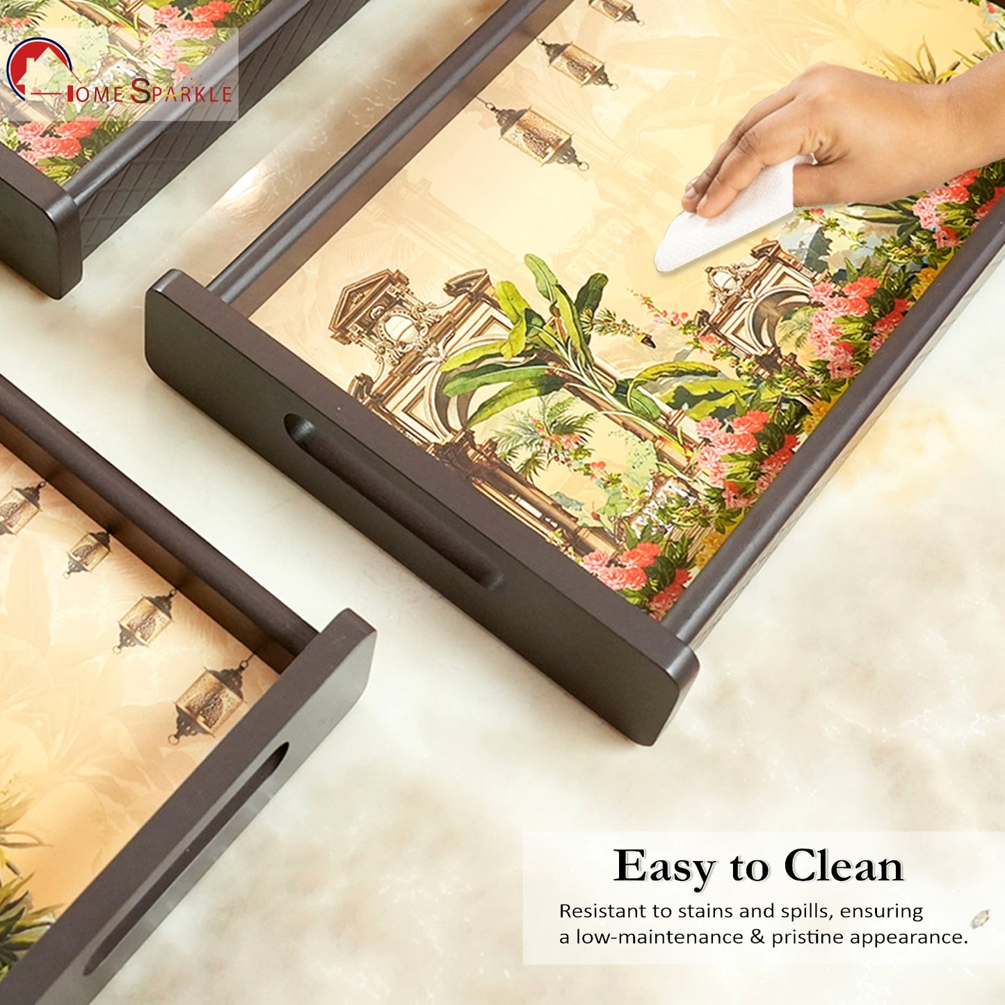 HomeSparkle Wooden Serving Tray Set of 3 – Sizes 16x10, 14x8 & 12x6 inch | Water-Resistant | MDF Print | Engineered Wood | Rectangular, Strong & Durable | Tray Set