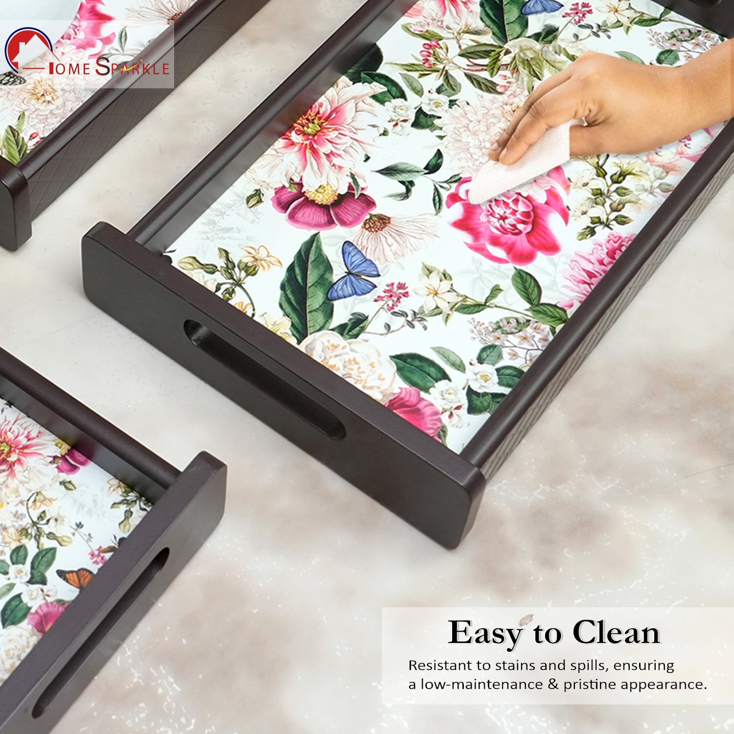 HomeSparkle Wooden Serving Tray Set of 3 – Sizes 16x10, 14x8 & 12x6 inch | Water-Resistant | MDF Print | Engineered Wood | Rectangular, Strong & Durable | Tray Set