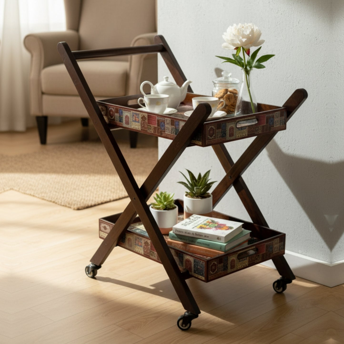 Home Sparkle Premium Folding Tea Trolley with 2 Removable Serving Trays | Wooden Rolling Serving Cart with Wheels | Mosaic Pattern | Kitchen, Dining & Living Room Utility Trolley
