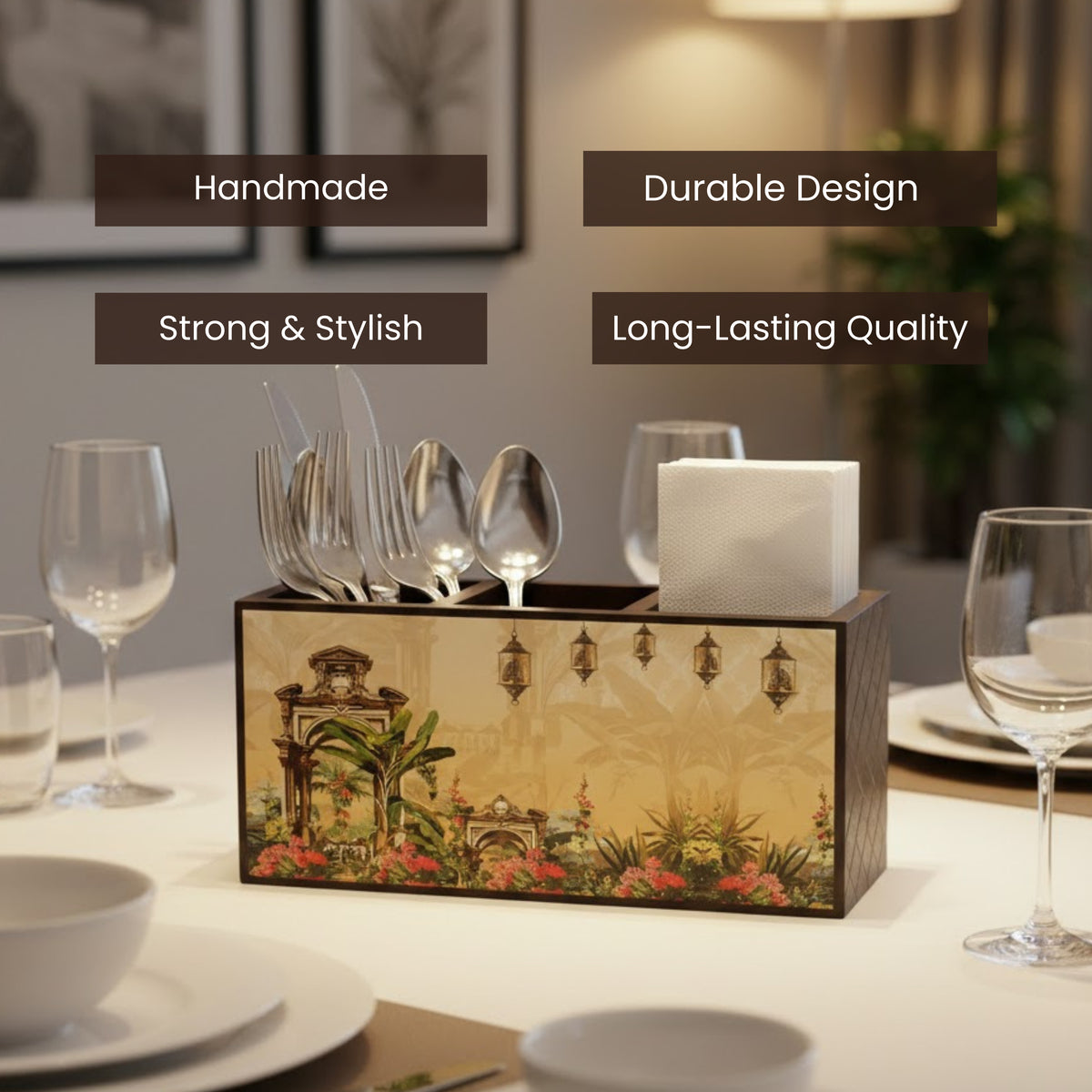 **Home Sparkle Wooden Cutlery & Tissue Holder | Decorative Tabletop Organizer with Separate Compartments | Spoon, Fork & Napkin Storage Box | Printed MDF Dining Table Organizer**