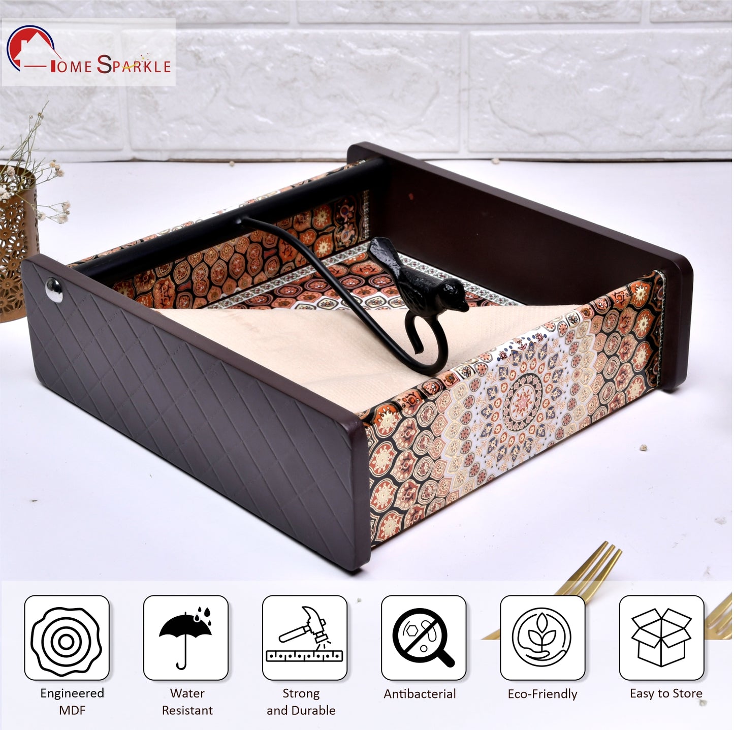 Wooden Tissue Box Holder for Dining Table & Living Room | Elegant Printed Napkin Organizer with Metal Handle