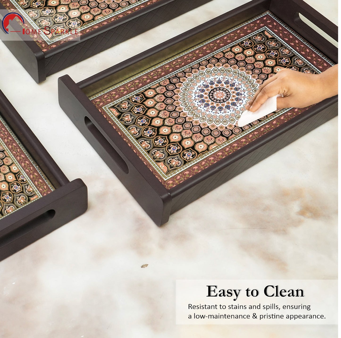 HomeSparkle Wooden Serving Tray Set of 3 – Sizes 16x10, 14x8 & 12x6 inch | Water-Resistant | MDF Print | Engineered Wood | Rectangular, Strong & Durable | Tray Set