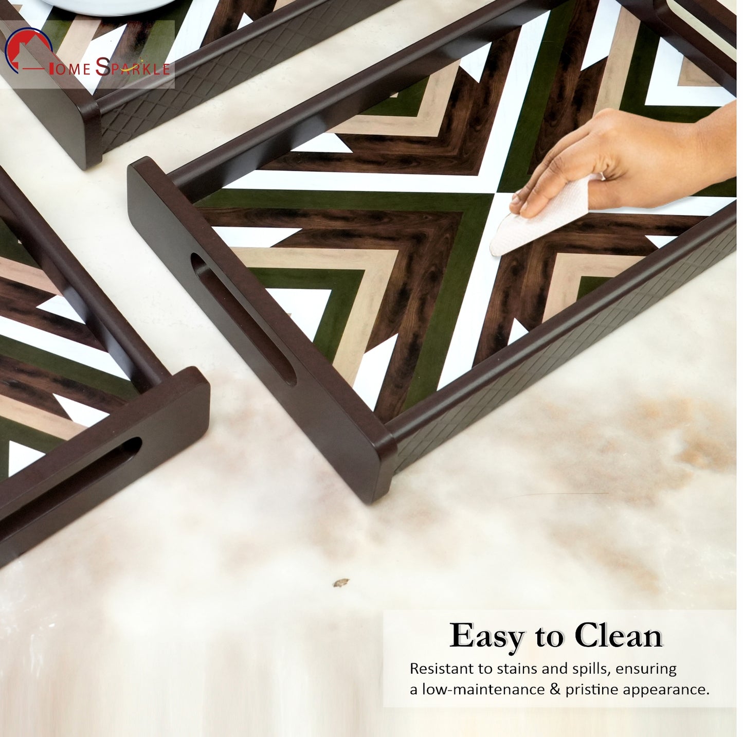 HomeSparkle Wooden Serving Tray Set of 3 – Sizes 16x10, 14x8 & 12x6 inch | Water-Resistant | MDF Print | Engineered Wood | Rectangular, Strong & Durable | Tray Set