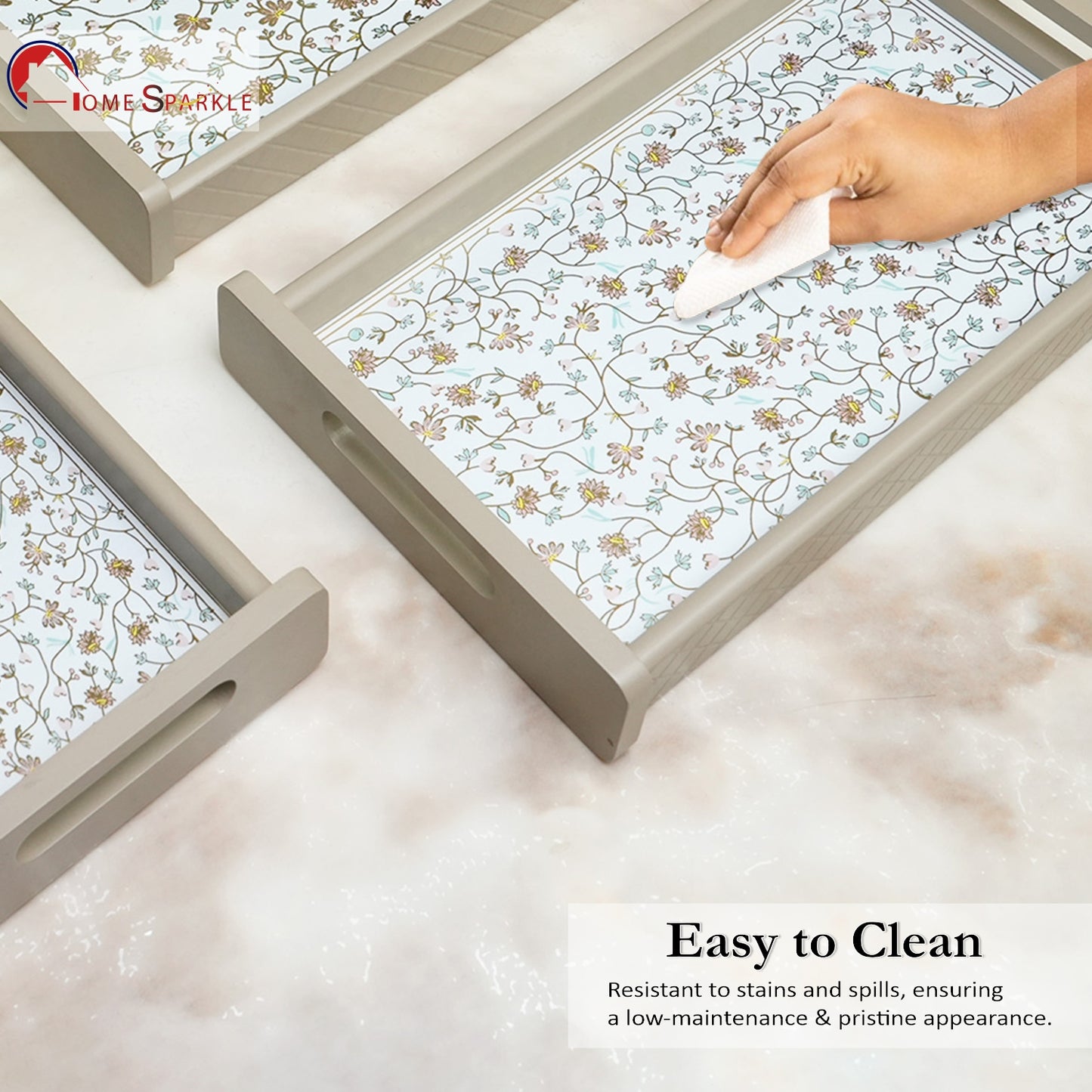 Wooden Serving Tray Set of 3 – Sizes 16x10, 14x8 & 12x6 inch | Water-Resistant | MDF Print | Engineered Wood | Rectangular, Strong & Durable