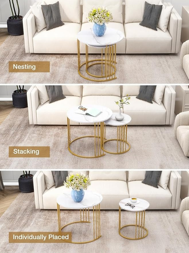 Home Sparkle Modern Round Nesting Coffee Table Set | White Marble-Look Top with Gold Finish Metal Frame | Elegant Center Table Set for Living Room | Contemporary Home Décor