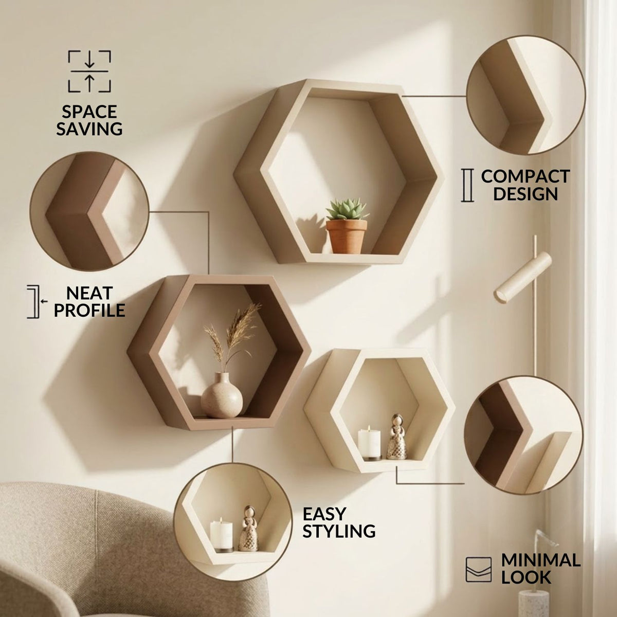 Hexagon Wall Shelf Set of 3 – Beige, Pale Brown & Ivory White