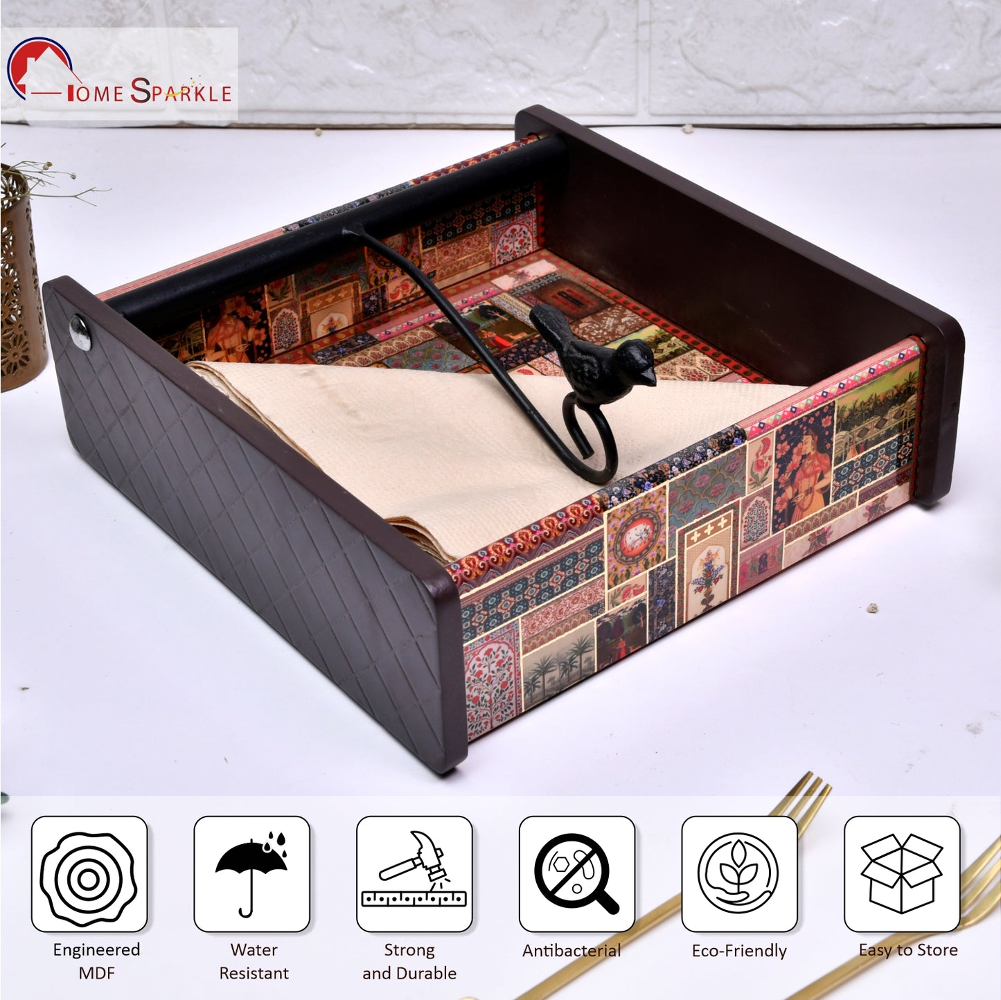 Wooden Tissue Box Holder for Dining Table & Living Room | Elegant Printed Napkin Organizer with Metal Handle