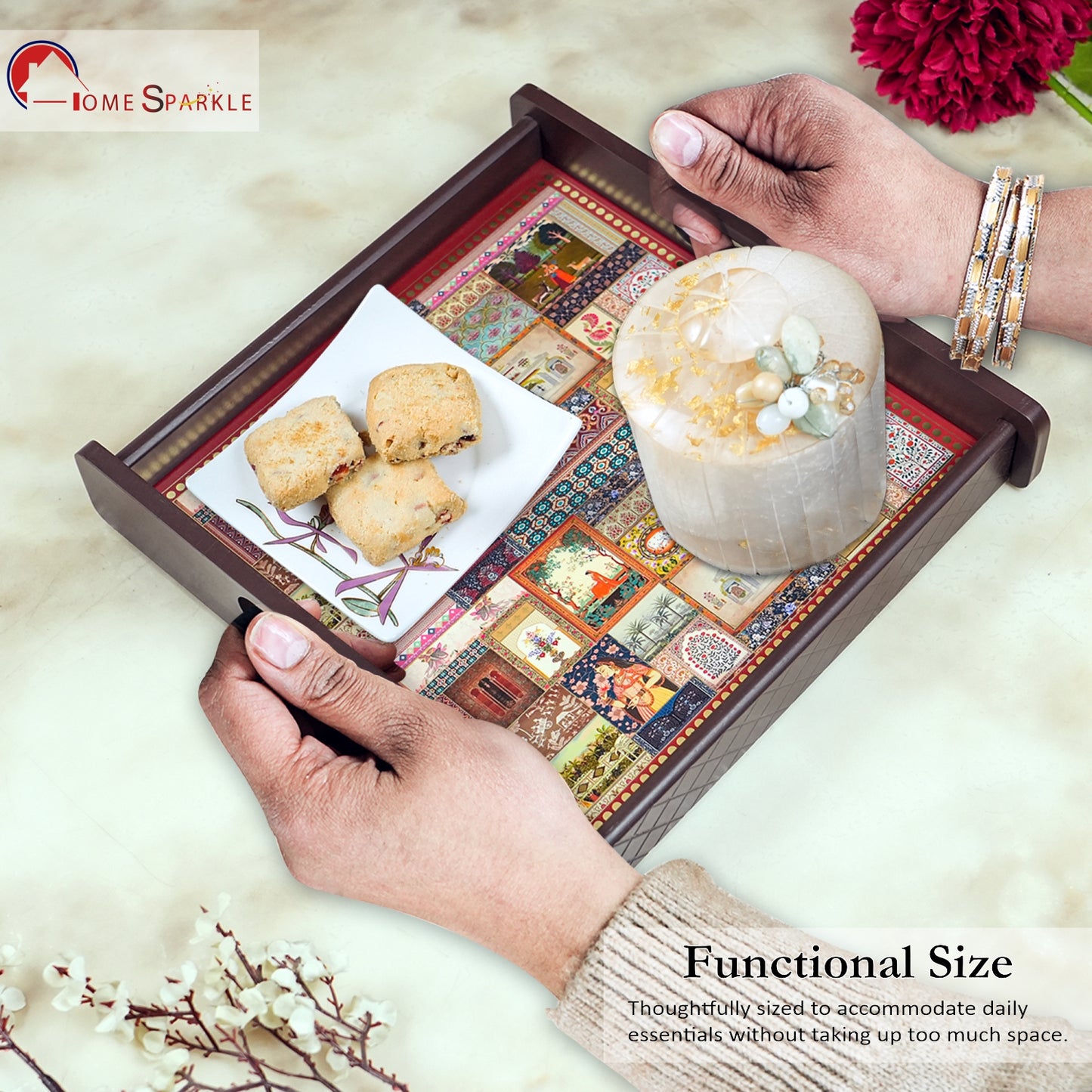 Square Wooden Serving Tray | Elegant Printed Tray for Home & Décor