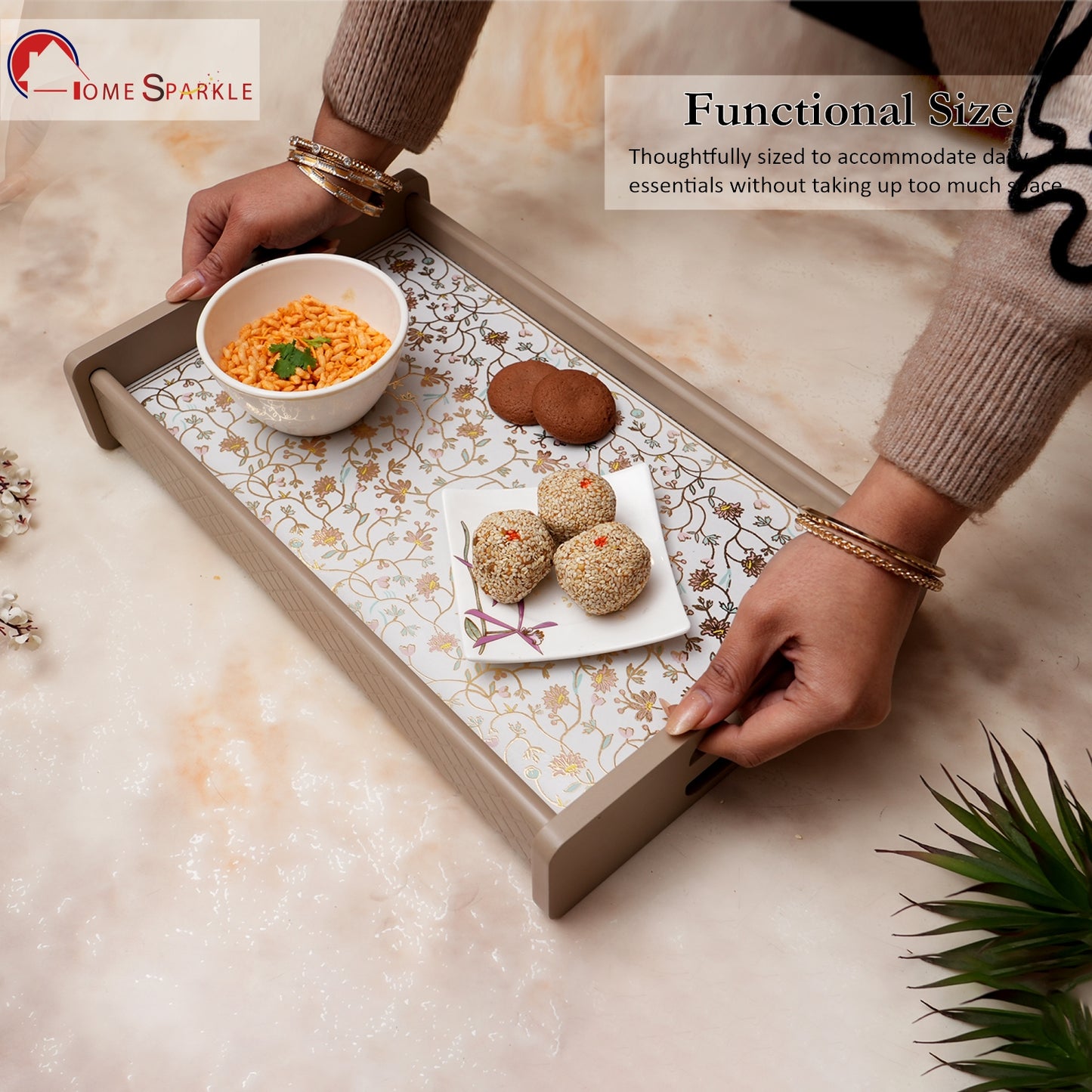 **Home Sparkle 18 Inch Reversible Wooden Serving Tray | Double-Sided Floral Printed Decorative Tray for Tea, Coffee, Breakfast & Snacks**