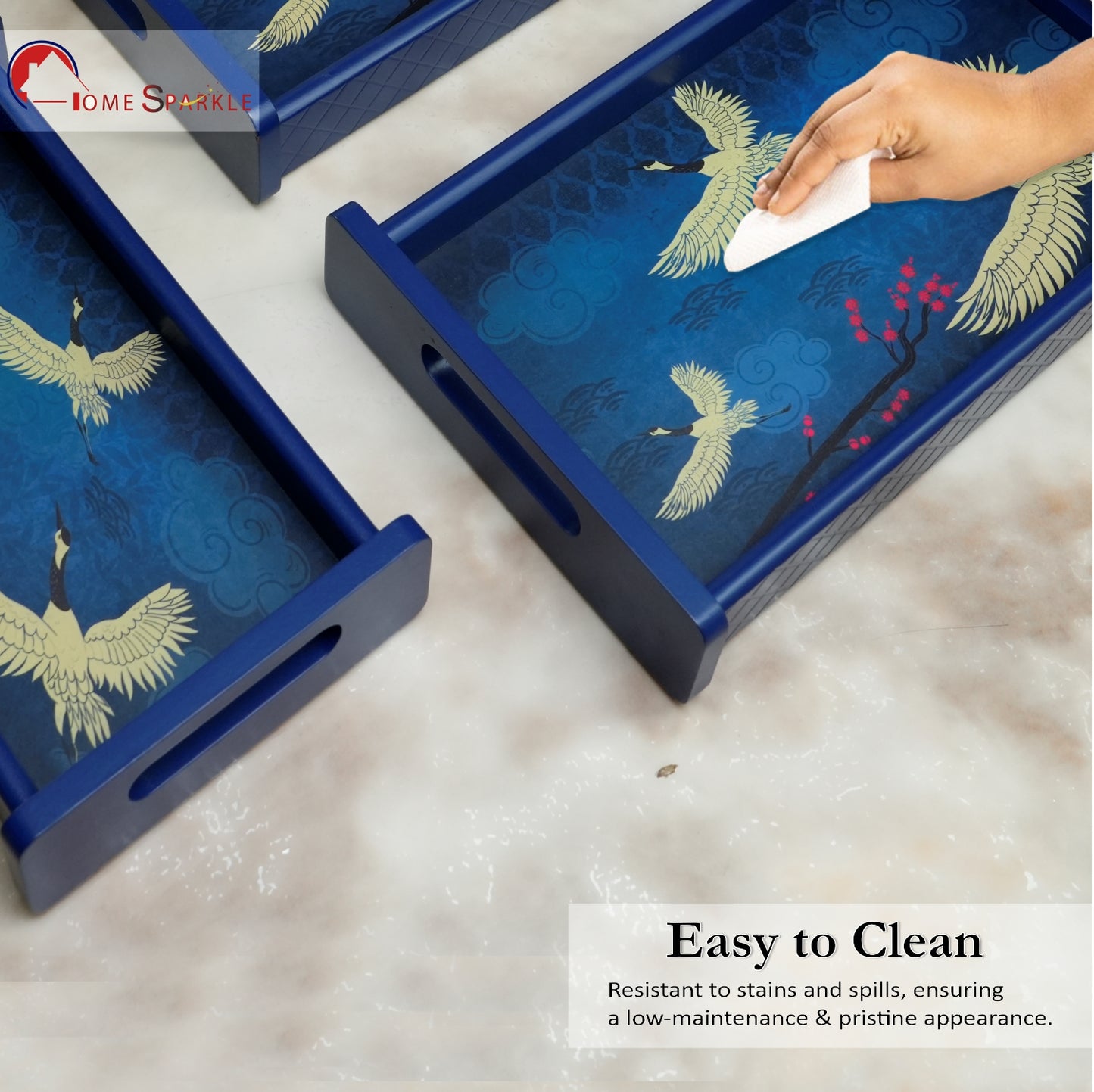 Home Sparkle Wooden Serving Tray Set of 3 – Sizes 16x10, 14x8 & 12x6 inch | Water-Resistant | MDF Print | Engineered Wood | Rectangular, Strong & Durable | Tray Set