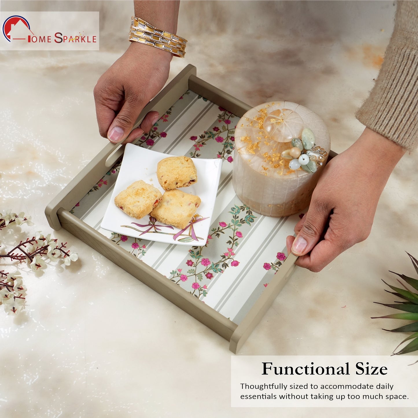 Square Wooden Serving Tray | Elegant Printed Tray for Home & Café Décor