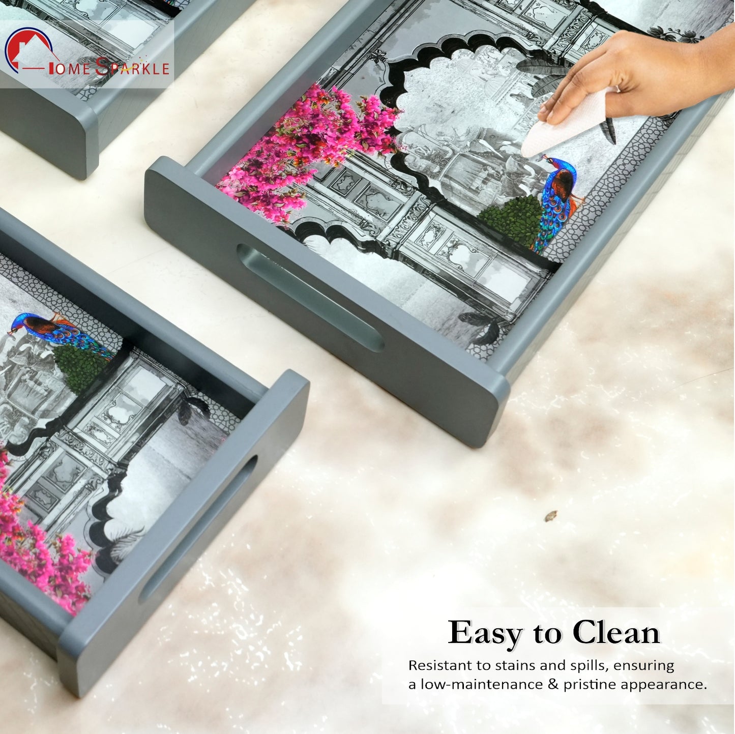 HomeSparkle Wooden Serving Tray Set of 3 – Sizes 16x10, 14x8 & 12x6 inch | Water-Resistant | MDF Print | Engineered Wood | Rectangular, Strong & Durable | Tray Set