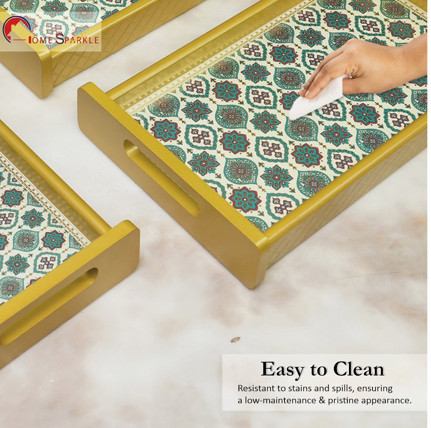 HomeSparkle Wooden Serving Tray Set of 3 – Sizes 16x10, 14x8 & 12x6 inch | Water-Resistant | MDF Print | Engineered Wood | Rectangular, Strong & Durable | Tray Set