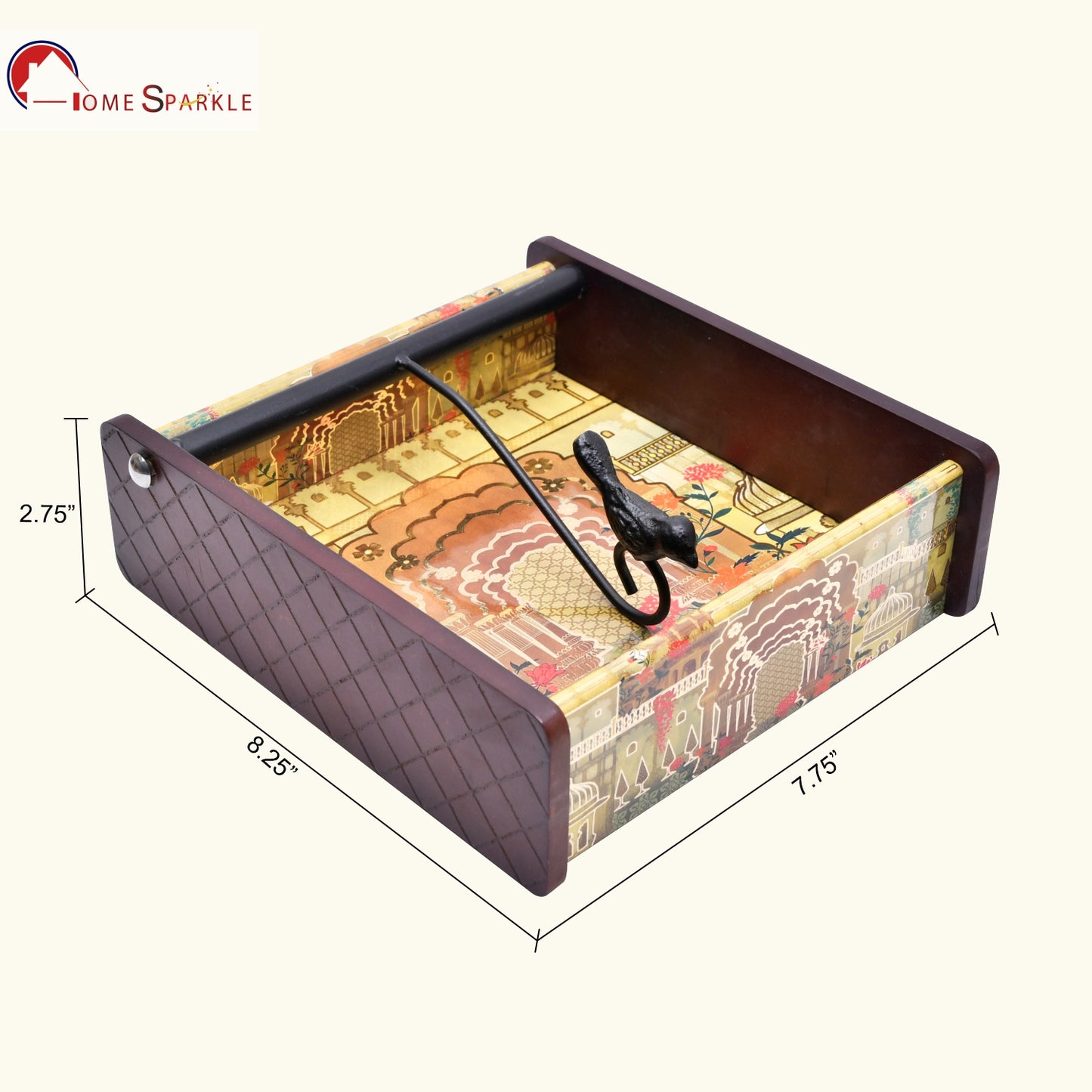 Wooden Tissue Box Holder for Dining Table & Living Room | Elegant Printed Napkin Organizer with Metal Handle