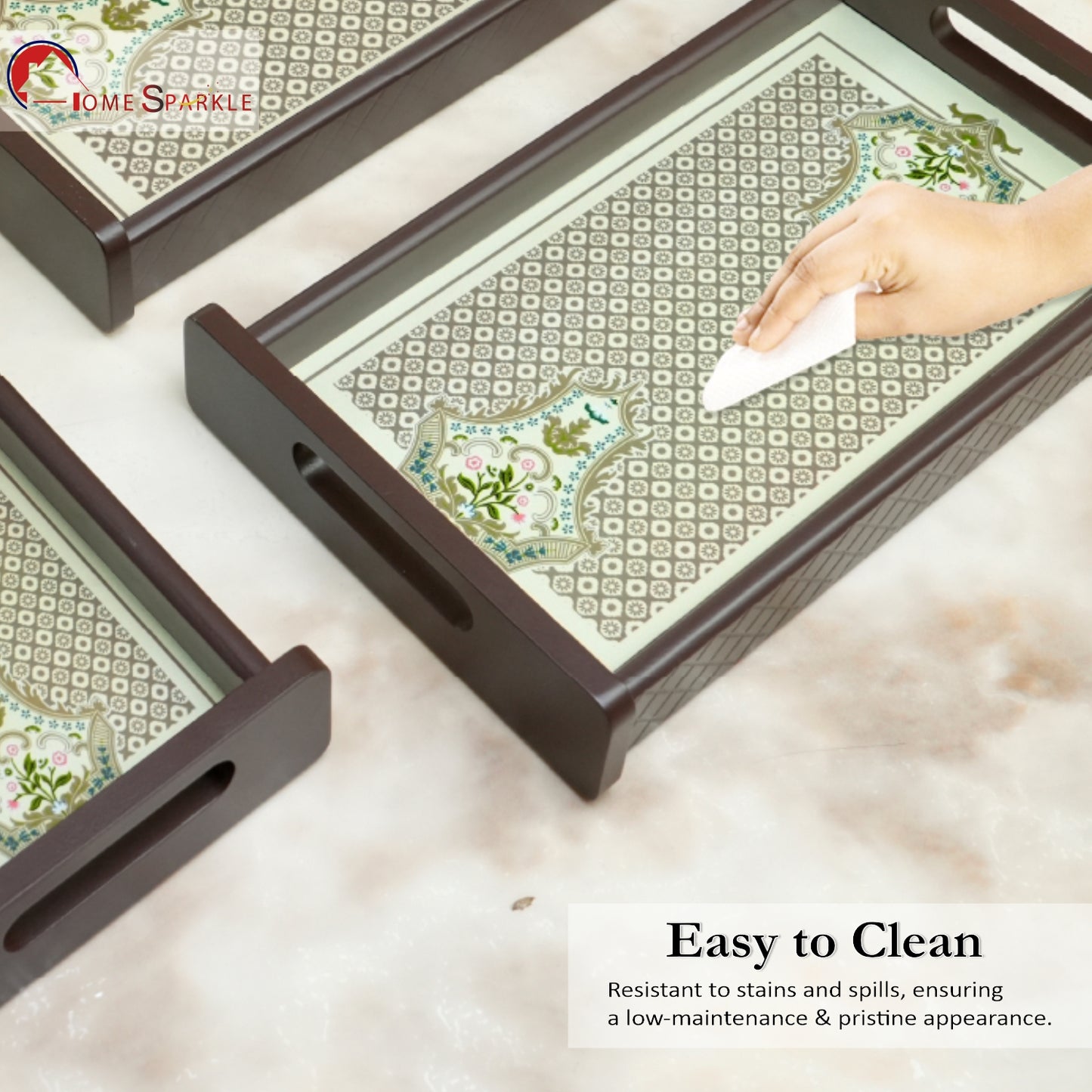 HomeSparkle Wooden Serving Tray Set of 3 – Sizes 16x10, 14x8 & 12x6 inch | Water-Resistant | MDF Print | Engineered Wood | Rectangular, Strong & Durable | Tray Set