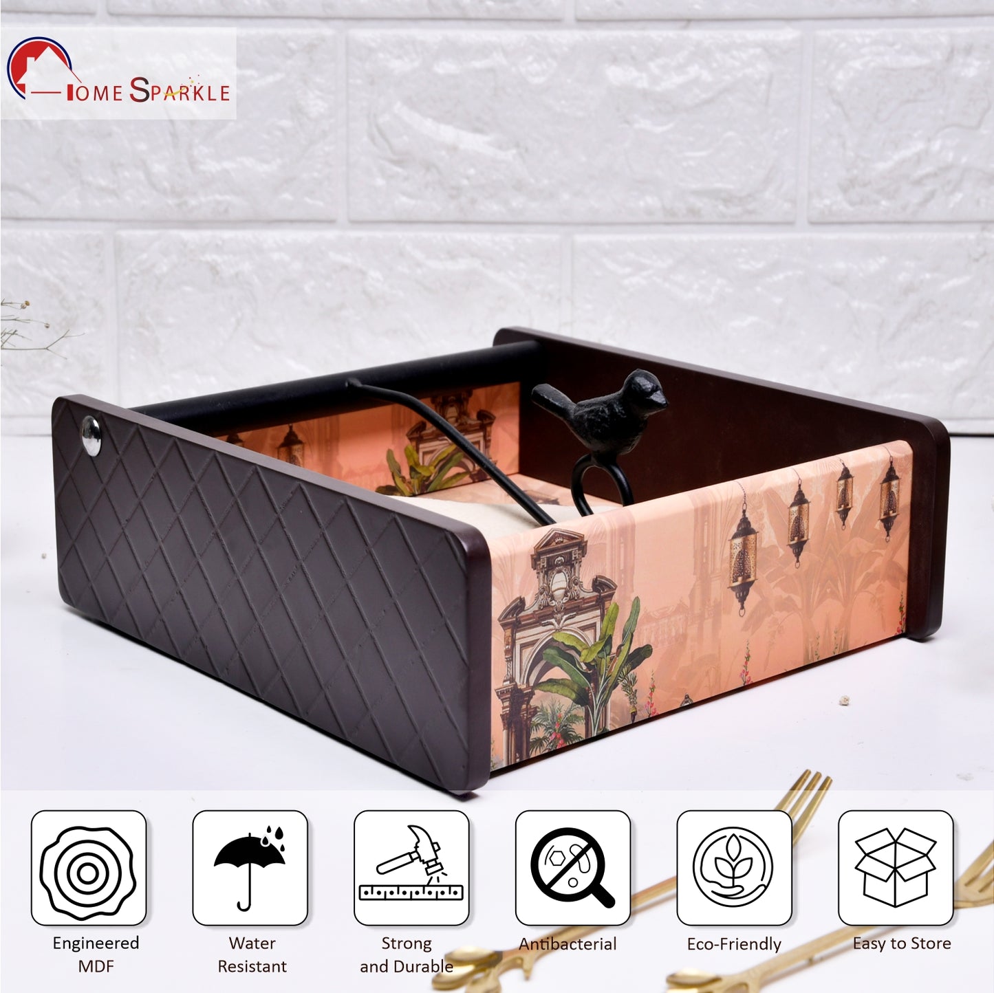 Wooden Tissue Box Holder for Dining Table & Living Room | Elegant Printed Napkin Organizer with Metal Handle