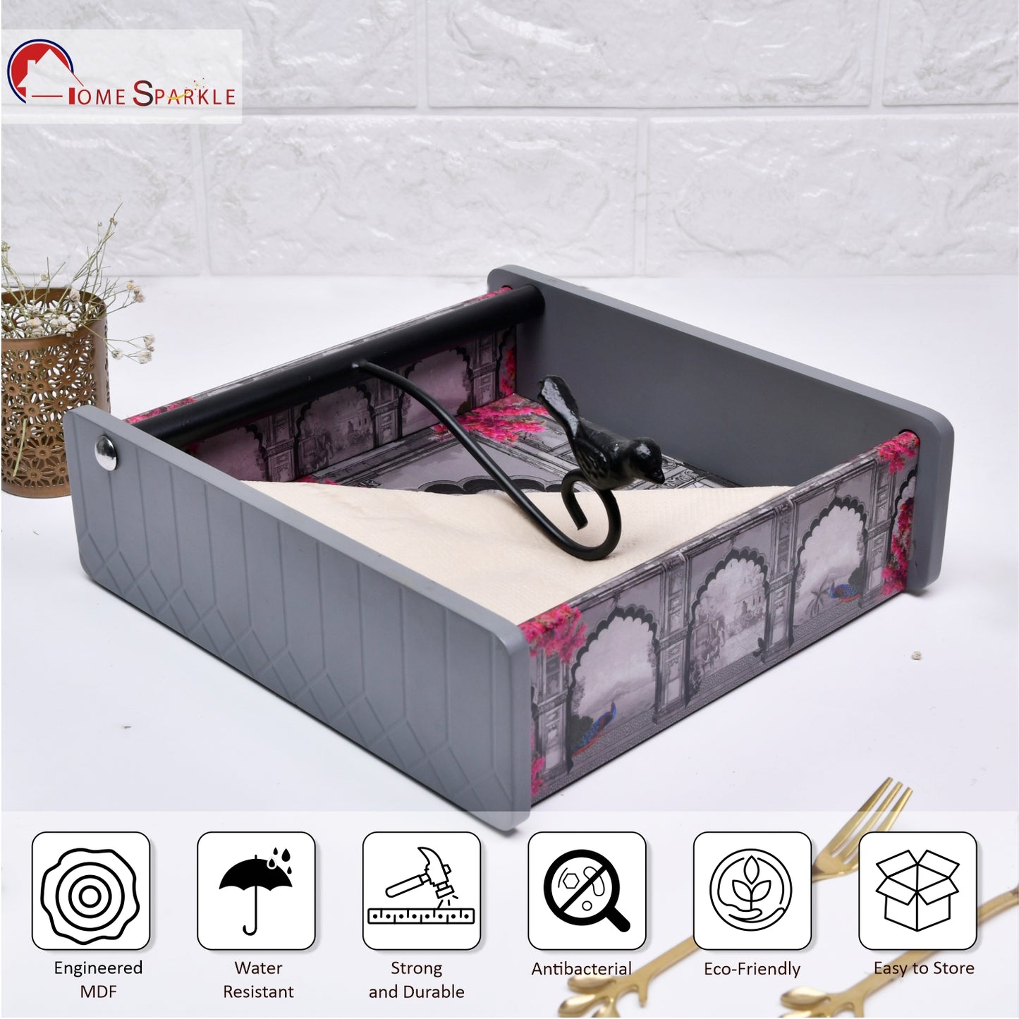 Wooden Tissue Box Holder for Dining Table & Living Room | Elegant Printed Napkin Organizer with Metal Handle