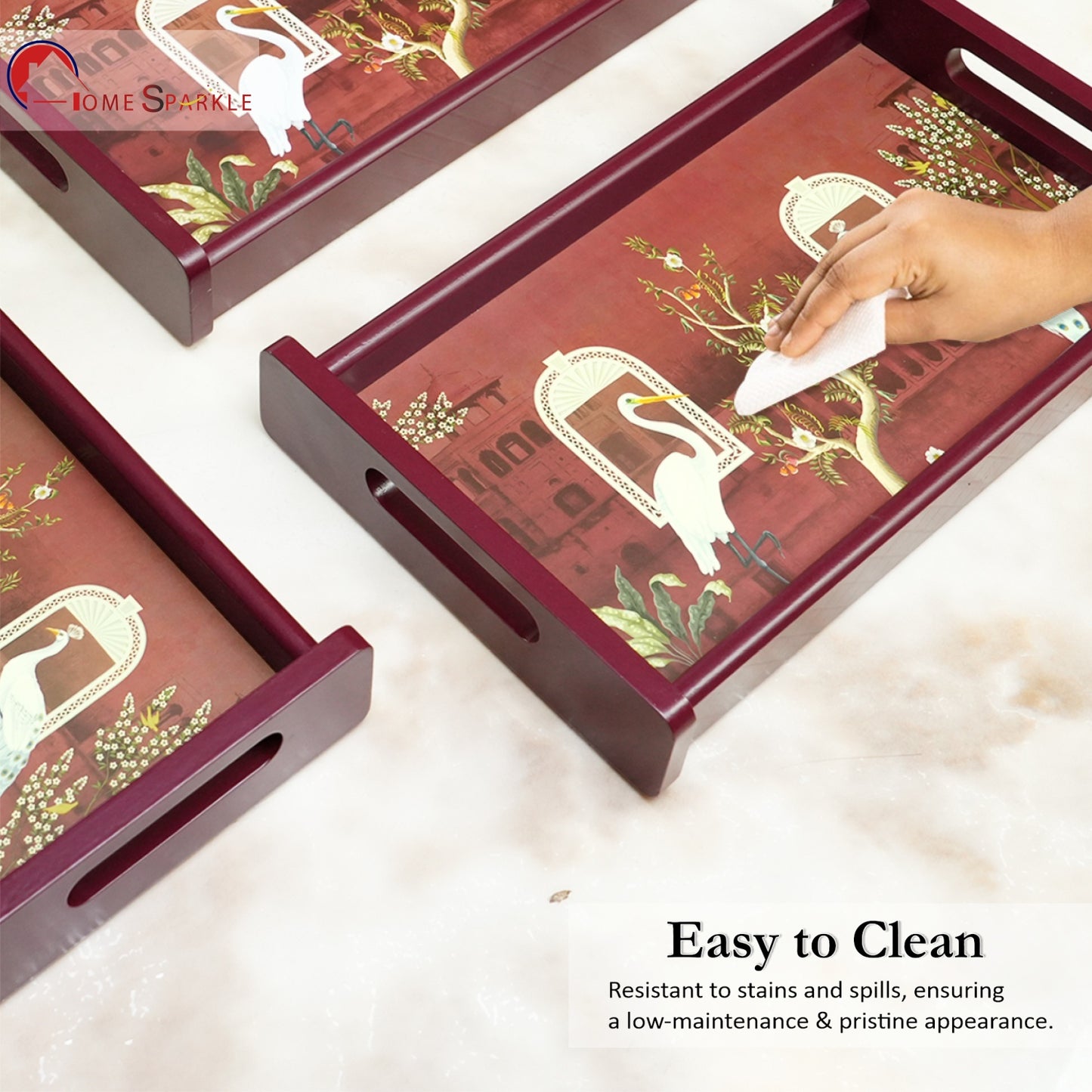 HomeSparkle Wooden Serving Tray Set of 3 – Sizes 16x10, 14x8 & 12x6 inch | Water-Resistant | MDF Print | Engineered Wood | Rectangular, Strong & Durable | Tray Set