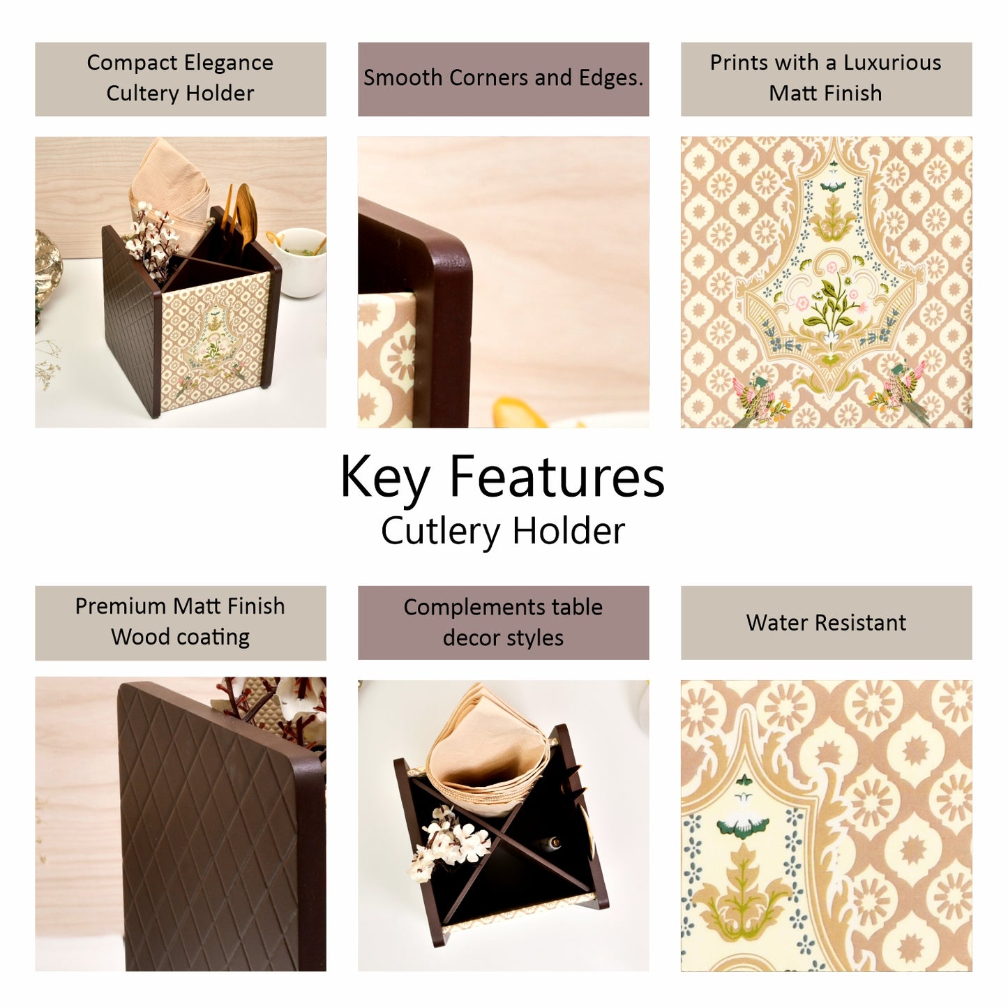 Wooden Cutlery Holder for Dining Table & Kitchen | Multi-Compartment Utensil Organizer for Spoons, Forks, Knives & Napkins