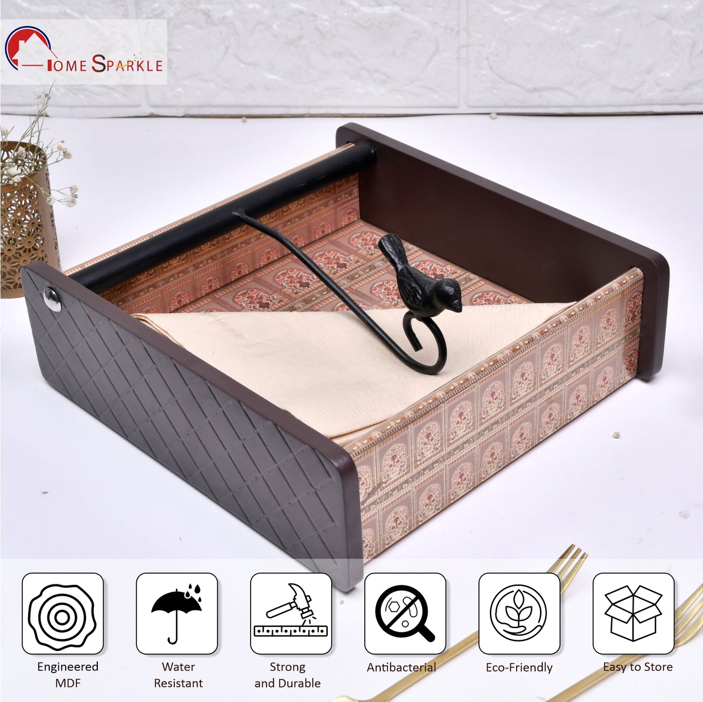 Wooden Tissue Box Holder for Dining Table & Living Room | Elegant Printed Napkin Organizer with Metal Handle