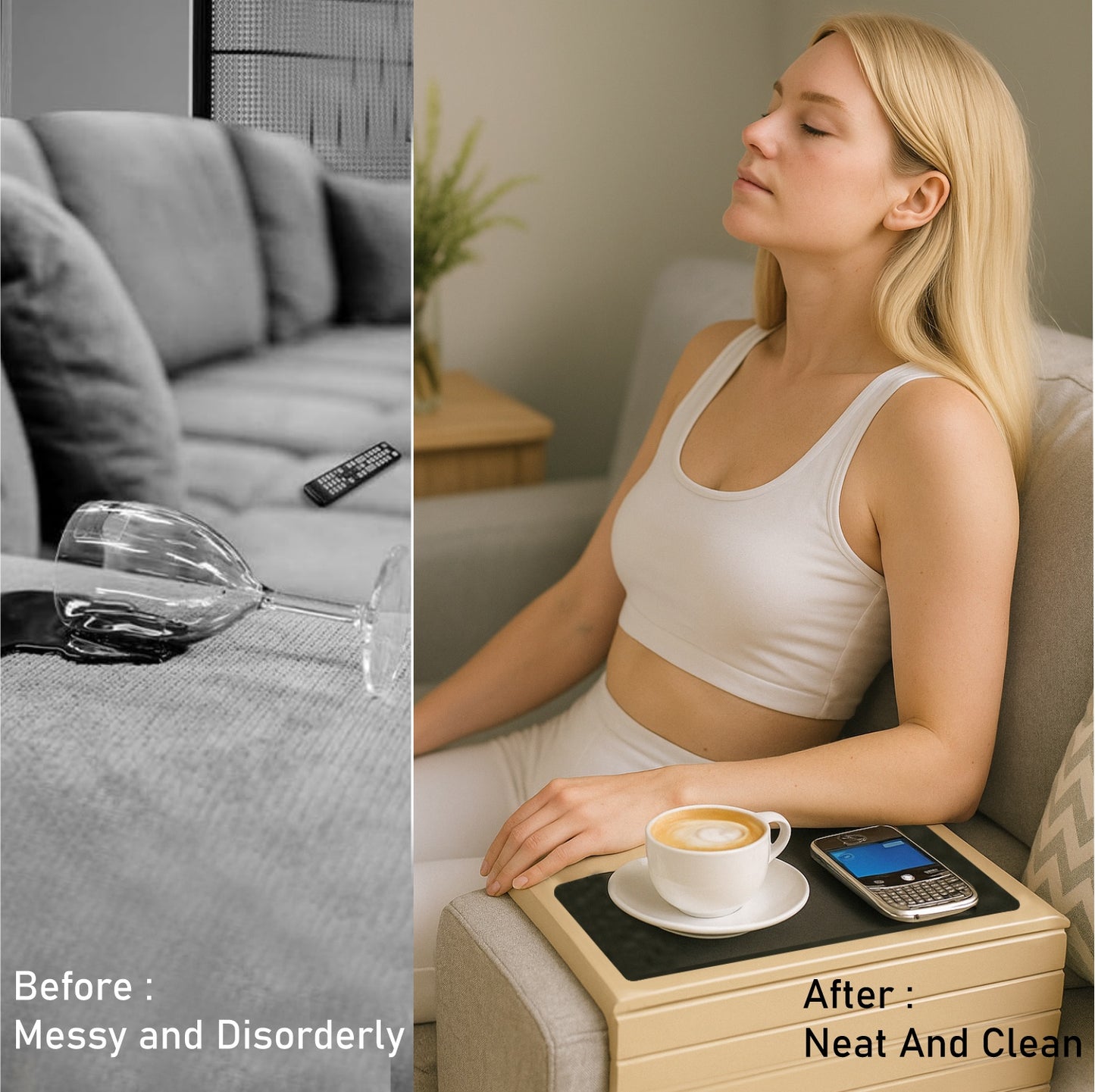 Home Sparkle Wooden Sofa Arm Tray – Adjustable, Foldable Couch Armrest Table & Cup Holder for Snack, Drinks, Phone, Remote