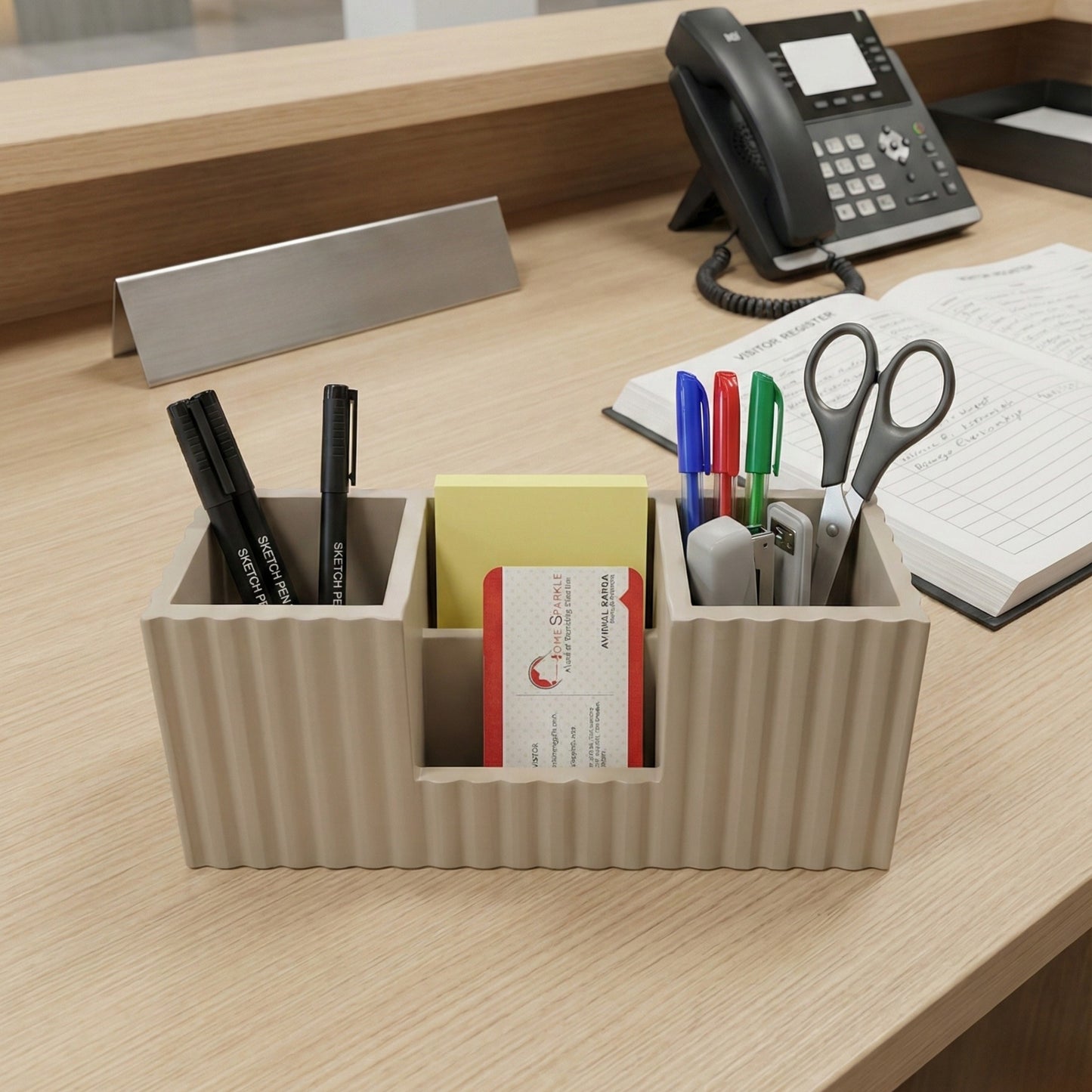 Home Sparkle Wooden Desk Organizer | Beige|Desktop Accessories Organizer for Office & Home | Multi-Compartment Pen, Pencil, Scissors & Card Holder