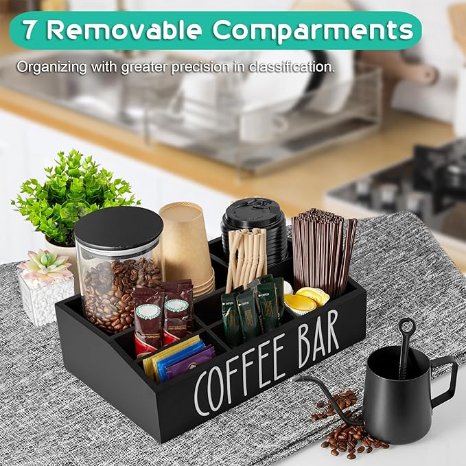 Home Sparkle Coffee Station Organizer for Counter – Rustic Wood Coffee Pod Holder with 7 Compartments, Tea & Condiment Storage, Farmhouse Coffee Bar Accessories for Kitchen or Office (G32N)