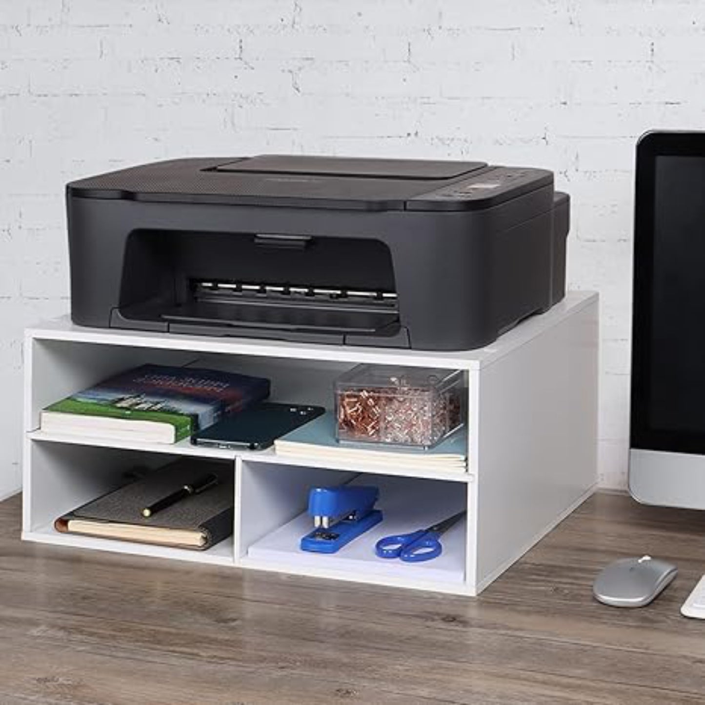 Home Sparkle 3-Tier Printer Stand with Storage – Wood Desk Organizer Shelf for Home/Office, Paper Tray, Printer Riser for Desk, Compact Monitor Stand