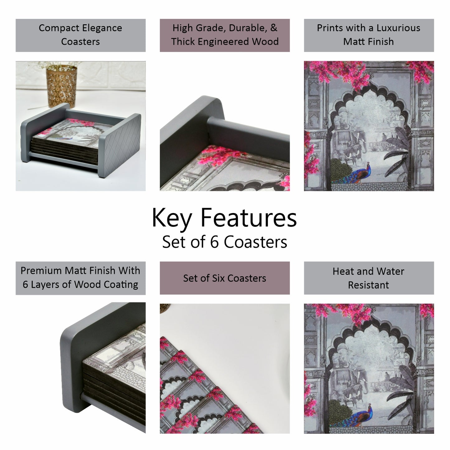 Coasters Set for Dining Table – Tea Coasters for Cups & Mugs | Elegant Table Décor Accessories – Set of 6 with Holder – Durable & Stylish